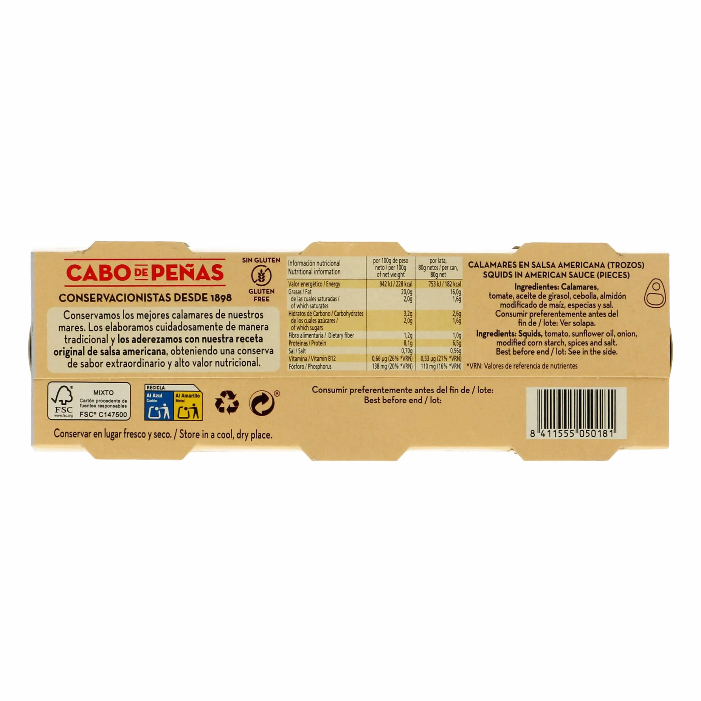 Cabo de Peñas Calamares en Salsa Americana, 3 x 59g
