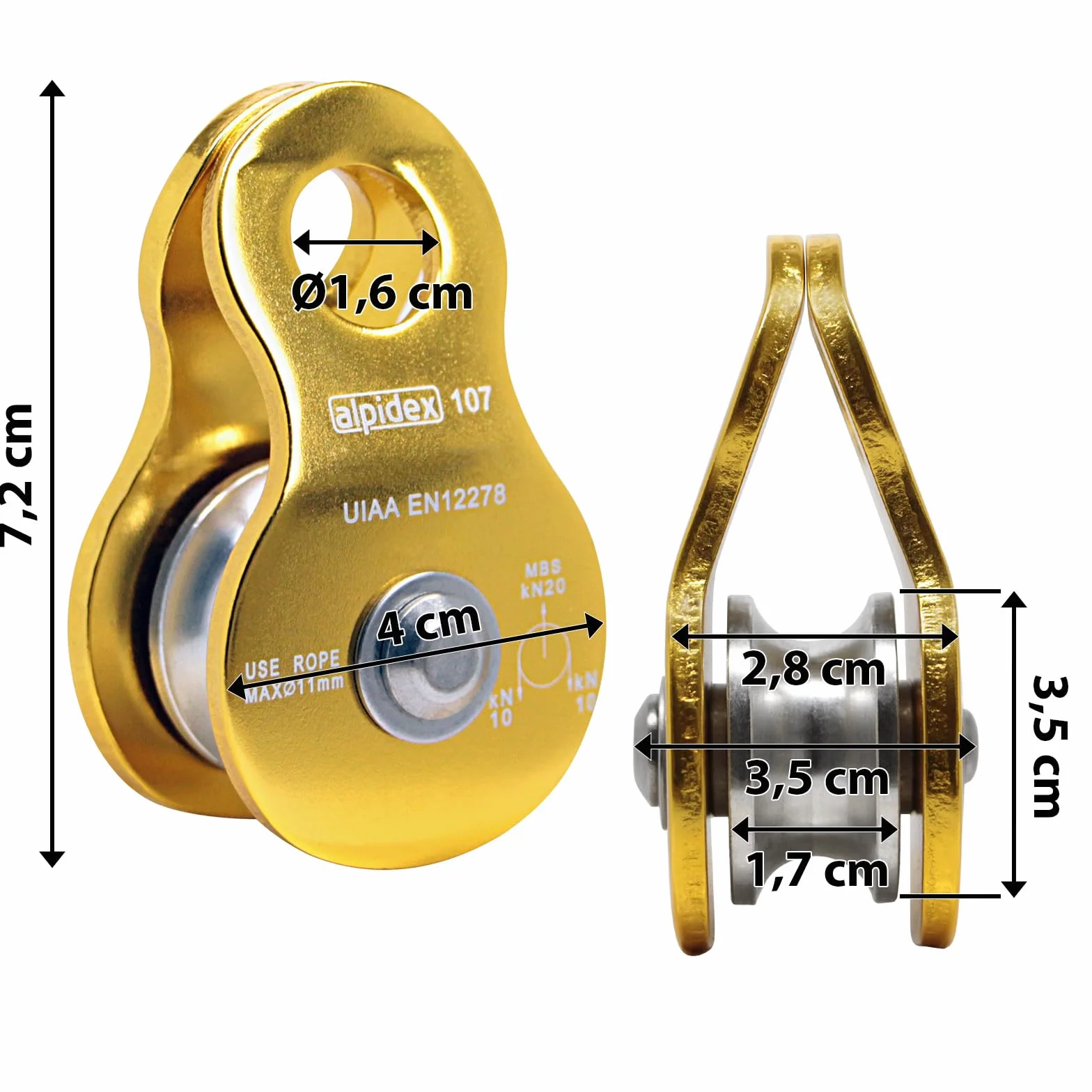 ALPIDEX Polea 20 kN EN12278 Cuerdas 11 mm Polipasto de Cuerda