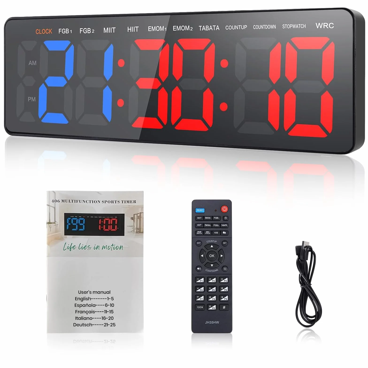 Temporizador de Gimnasio LED 16.5" Grande Reloj de Pared Digital con Countdown & Up Cronómetro, Brillo y Volumen Ajustable, Control Remoto