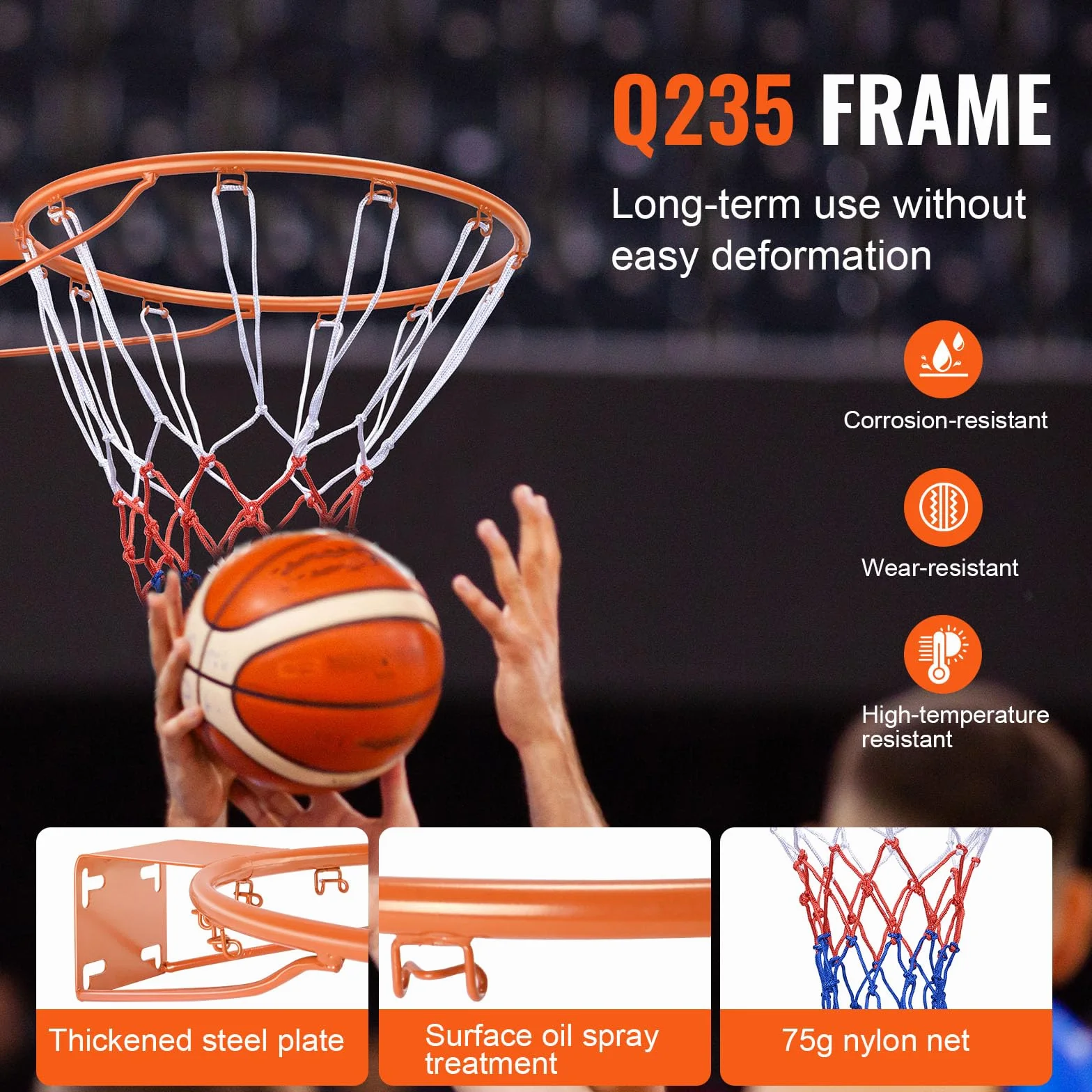 VEVOR Aro de baloncesto montado en pared Q235 18 pulgadas flexible borde red estándar interior exterior