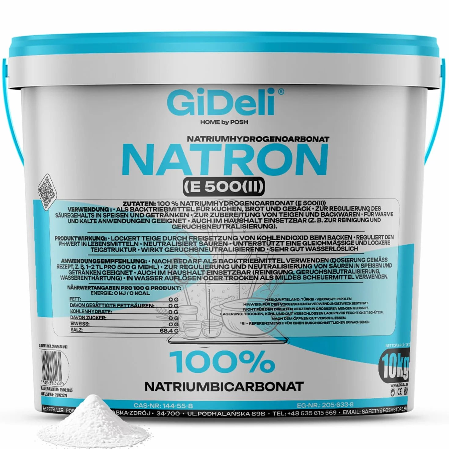 GiDeli Bicarbonato de Sodio 10kg - Perfecto Para Cocinar, Hornear, Lavar y Limpiar