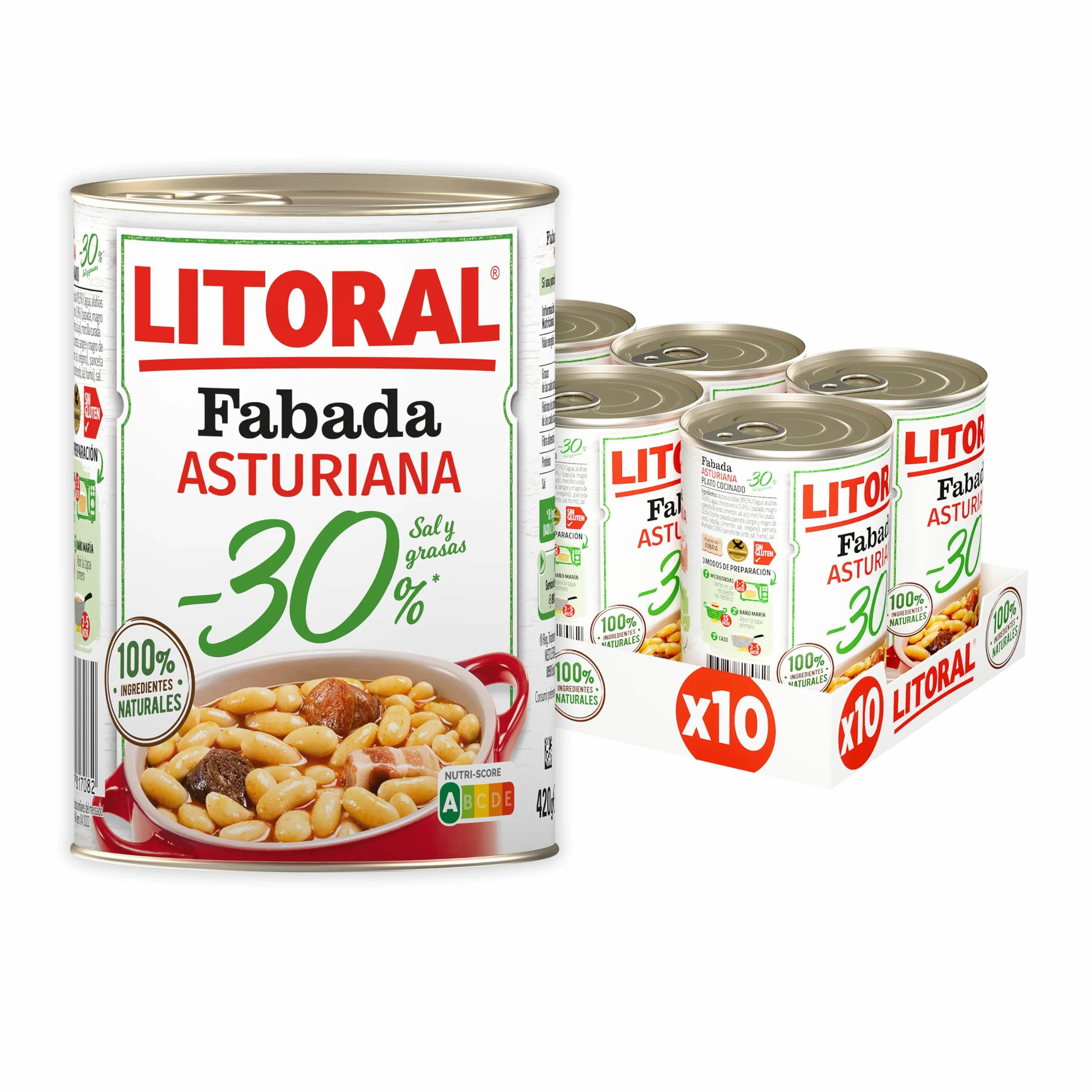 Litoral Fabada Asturiana -30% Sal y Grasa - Plato Preparado Sin Gluten - Pack de 10x420g - Total: 4.20kg