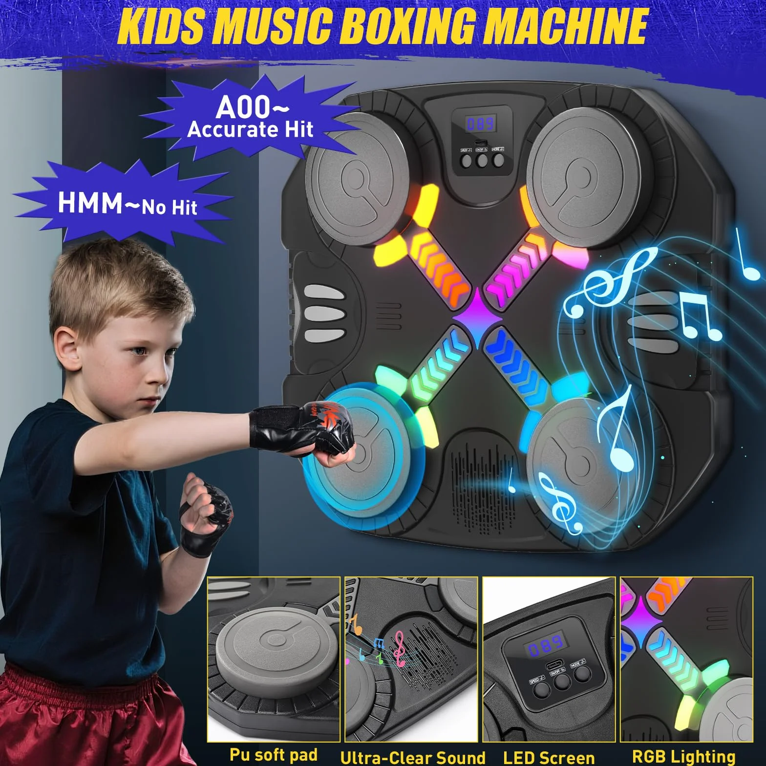 Máquina de Boxeo Musical para Niños, Bluetooth Montada en Pared con Guantes, Luces y Retroalimentación Sonora, 3-12 Años (Negro)