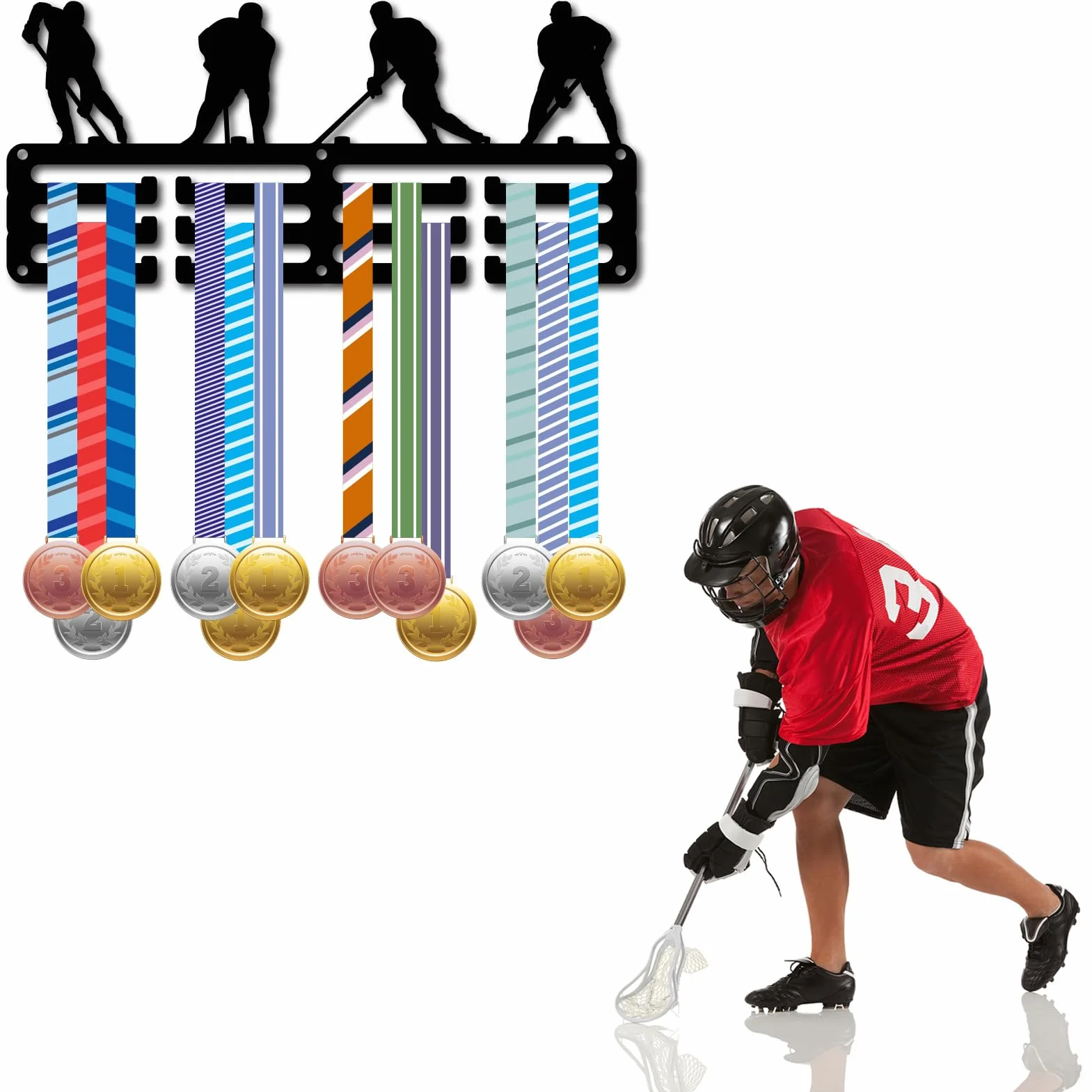 CREATCABIN Soporte Medallas Hockey Hielo Expositor Pared Metal Negro 29x13cm
