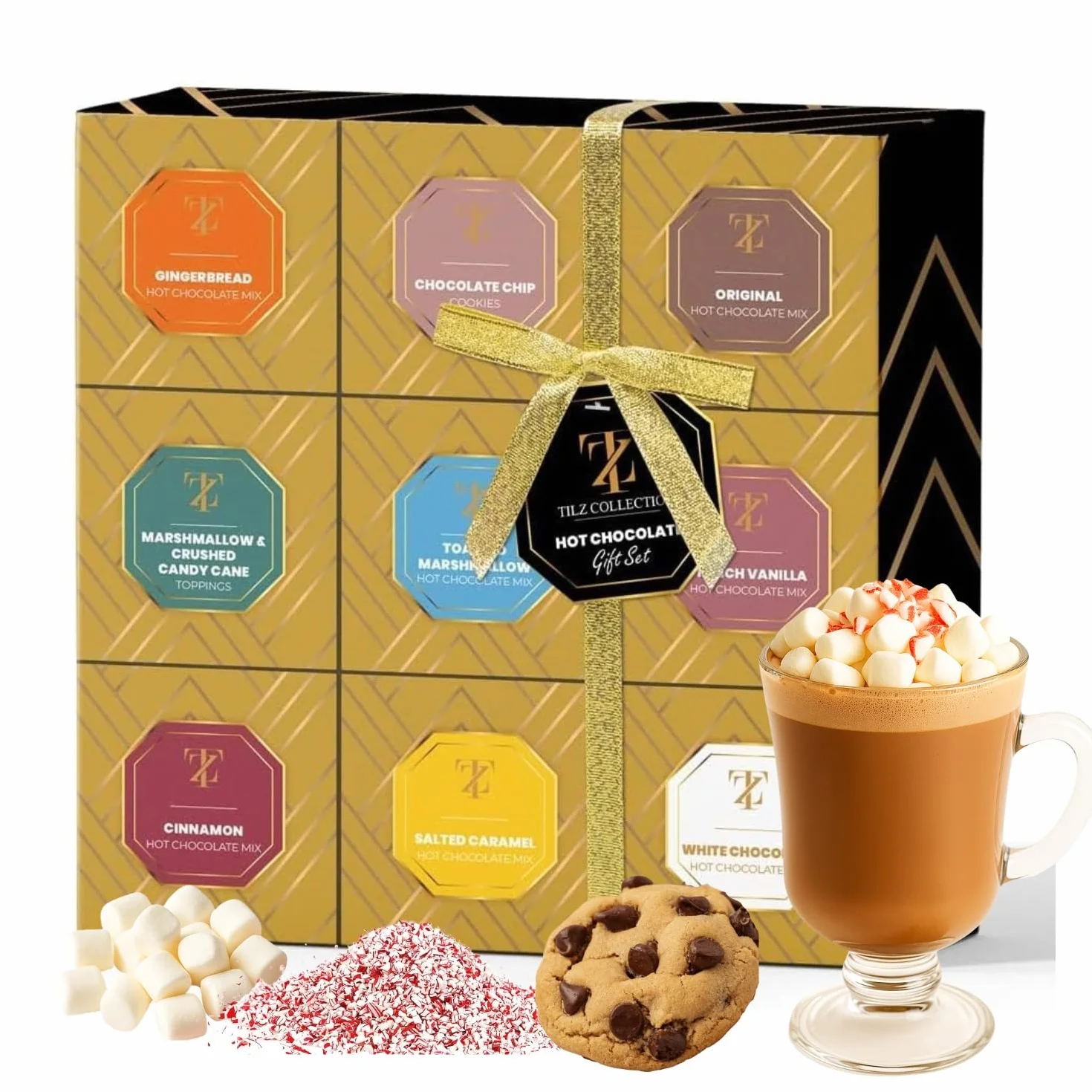 Set de regalo de chocolate caliente: bebidas de chocolate caliente con sabores variados, selección de malvaviscos tostados, avellanas, pan de jengibre, vainilla salada, canela, chocolate blanco