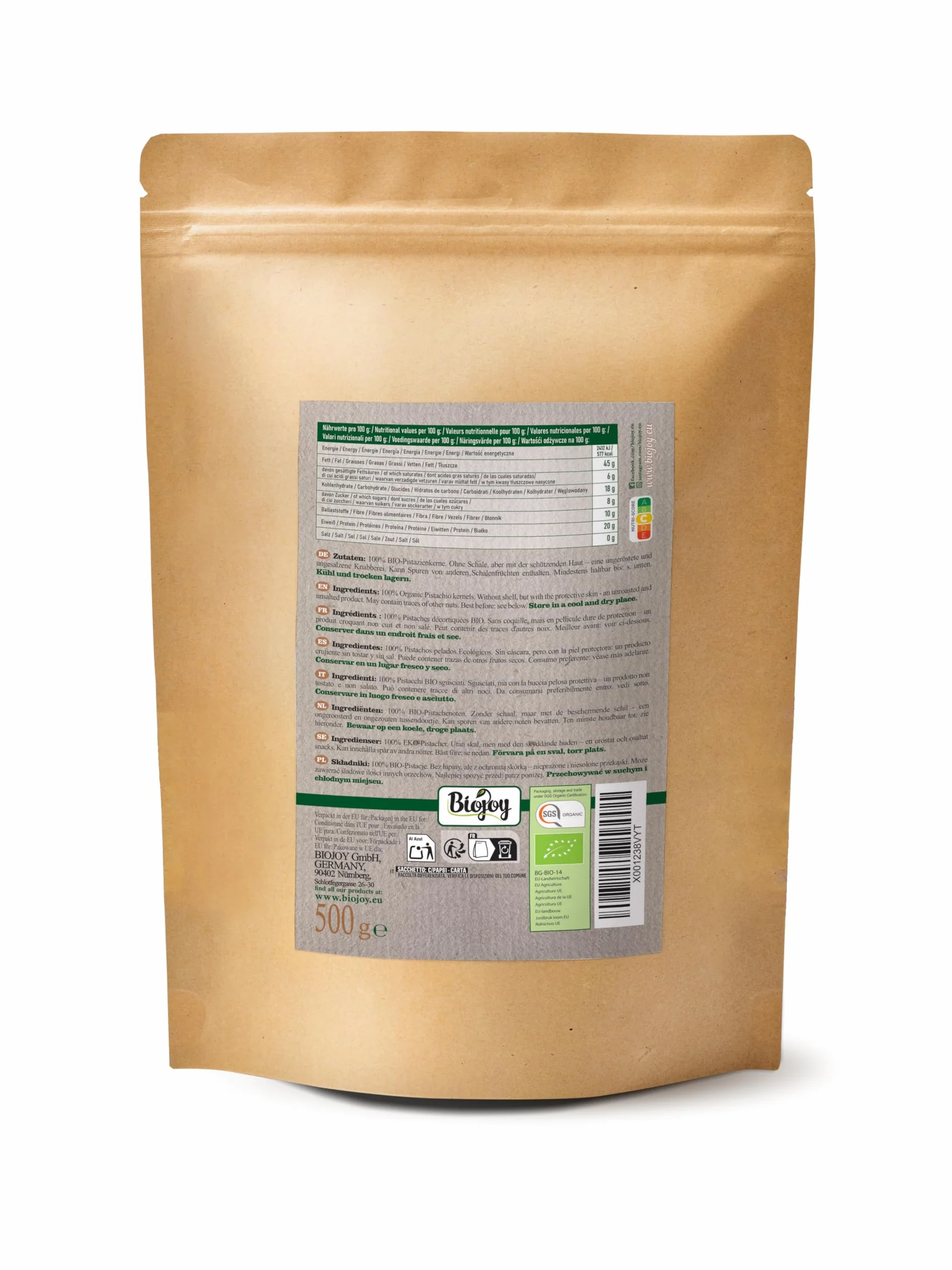 Biojoy Pistachos Pelados Ecológicos (500 g), crudos y enteros, sin sal
