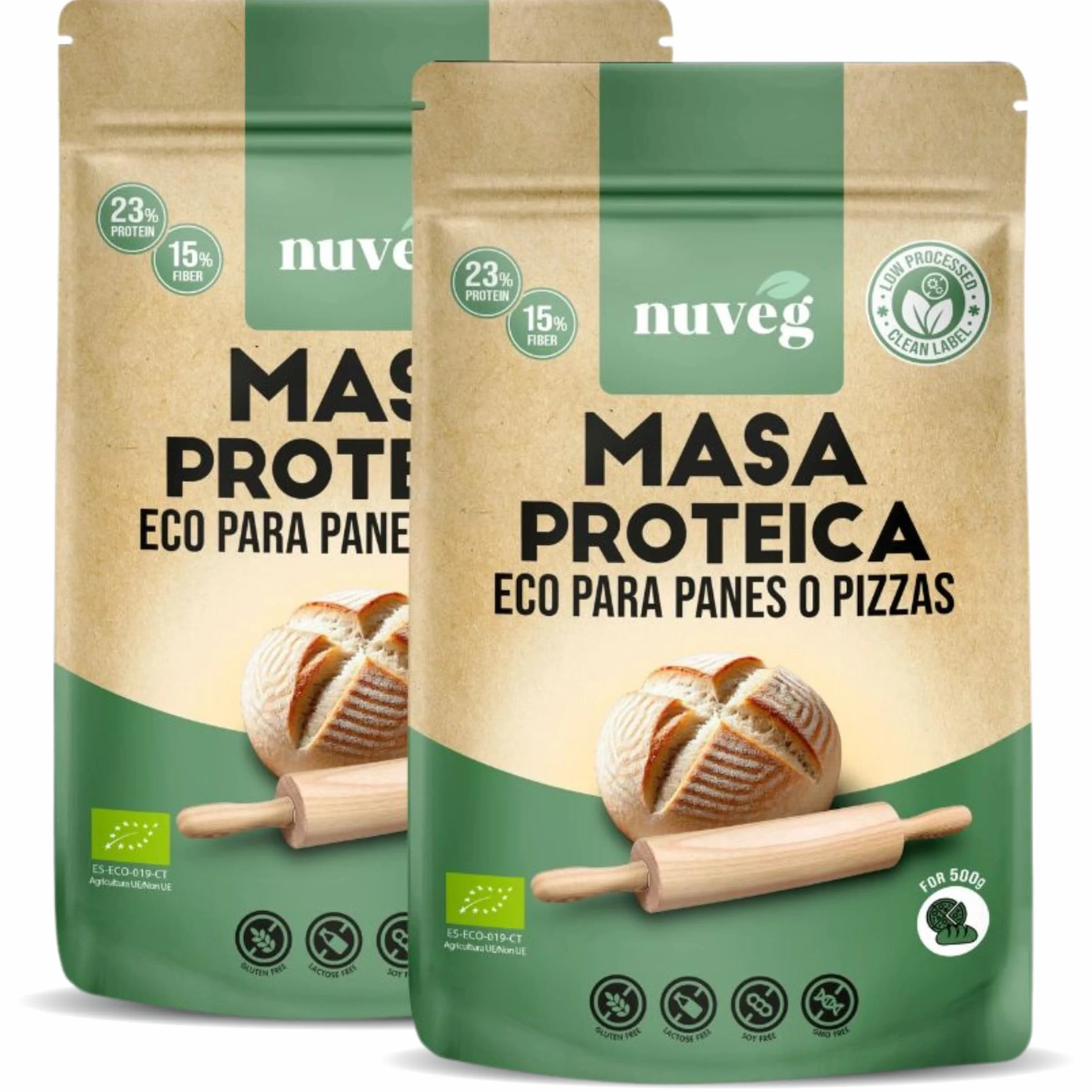NUVEG Masa Proteica Ecológica para Panes o Pizzas, Vegano, Preparado para Pan Proteico y Masa de Pizza, Harina Panificable Sin Gluten, Sin Lactosa, Contiene Harina de Trigo Sarraceno, Pack 2, 540g