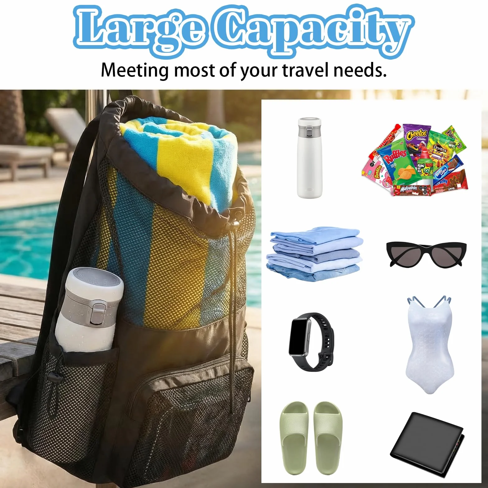 Mochila de malla para natación con cordón, Bolsa de playa ajustable para hombres y mujeres