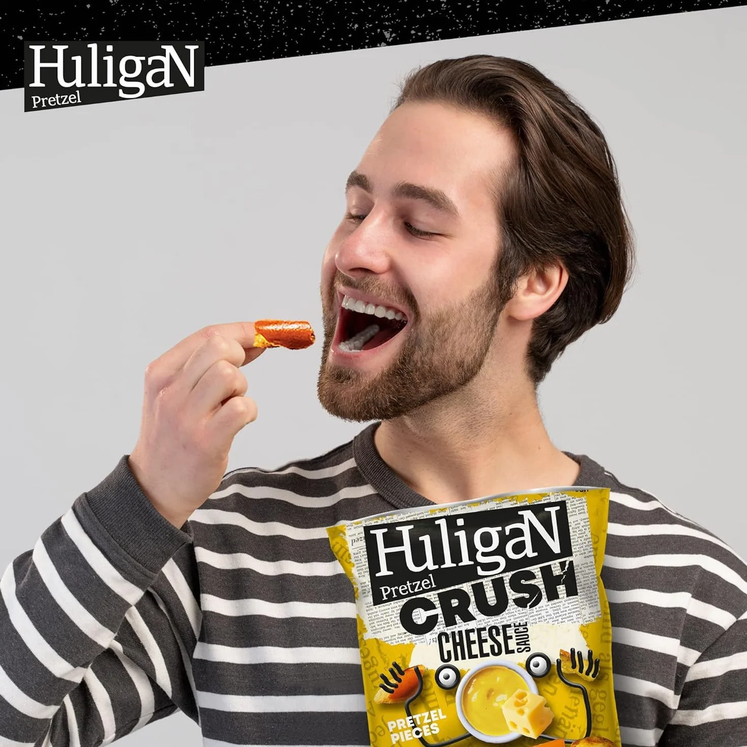 Huligan Pretzels Salsa de queso triturado 18 x 65 g Pretzel horneado finos aperitivos salados vegetariano jalapeños crujientes multipack