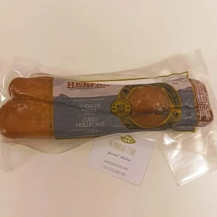 Huevas de Mujol - Herpac - Peso neto dle producto 200gr - Con un intenso sabor a mar - Solo con sla marina - Proviene de las hembras de Mujol - Salazón y secado natural y artificiales combiadas.