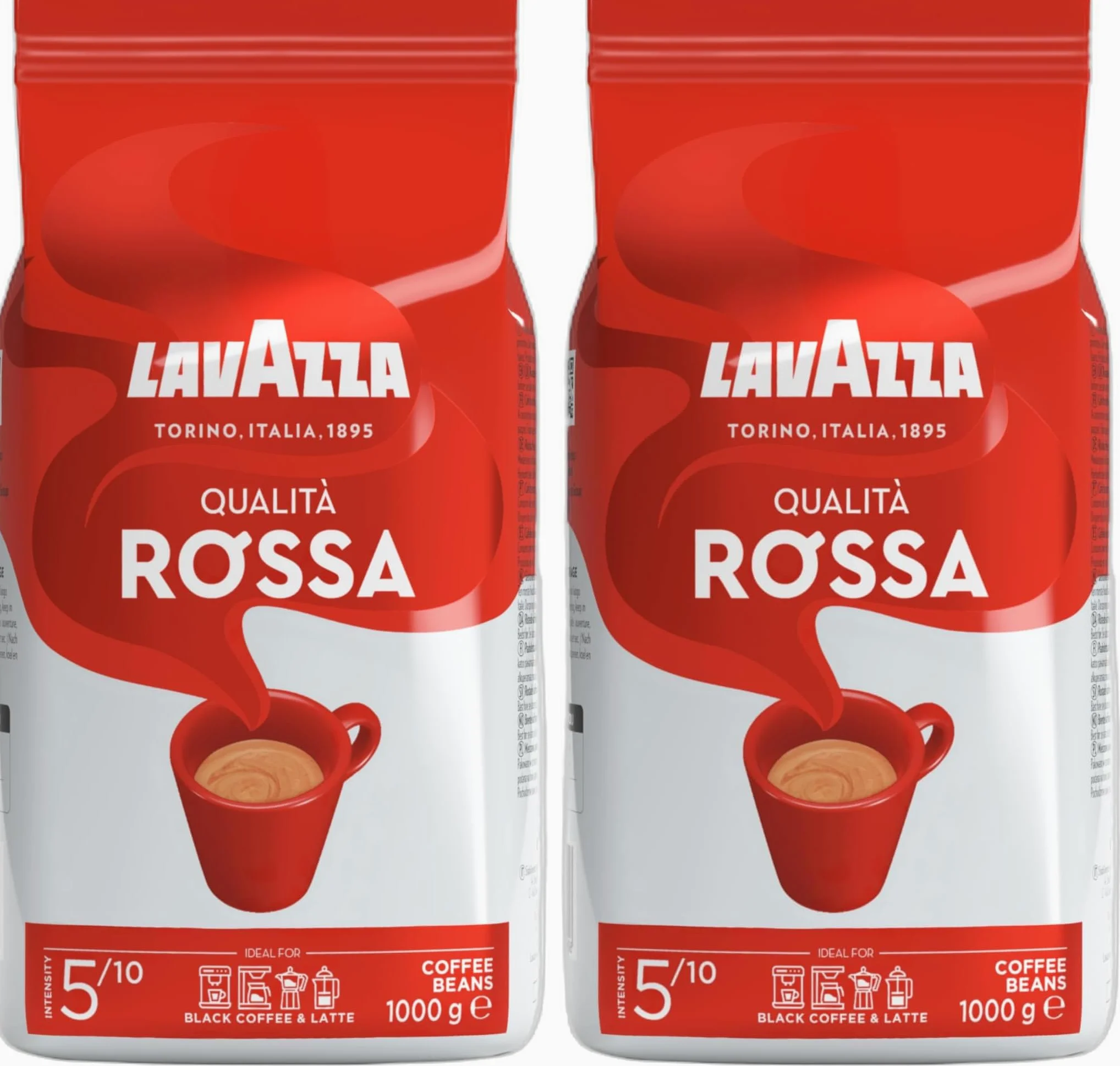 Lavazza, Qualità Rossa, Café en Grano Natural, Ideal para la Máquina de Café Espresso, con Notas Aromáticas de Chocolate y Frutos Secos, Arábica y Robusta, Intensidad 5, Tueste Medio, Paquete de 2 kg