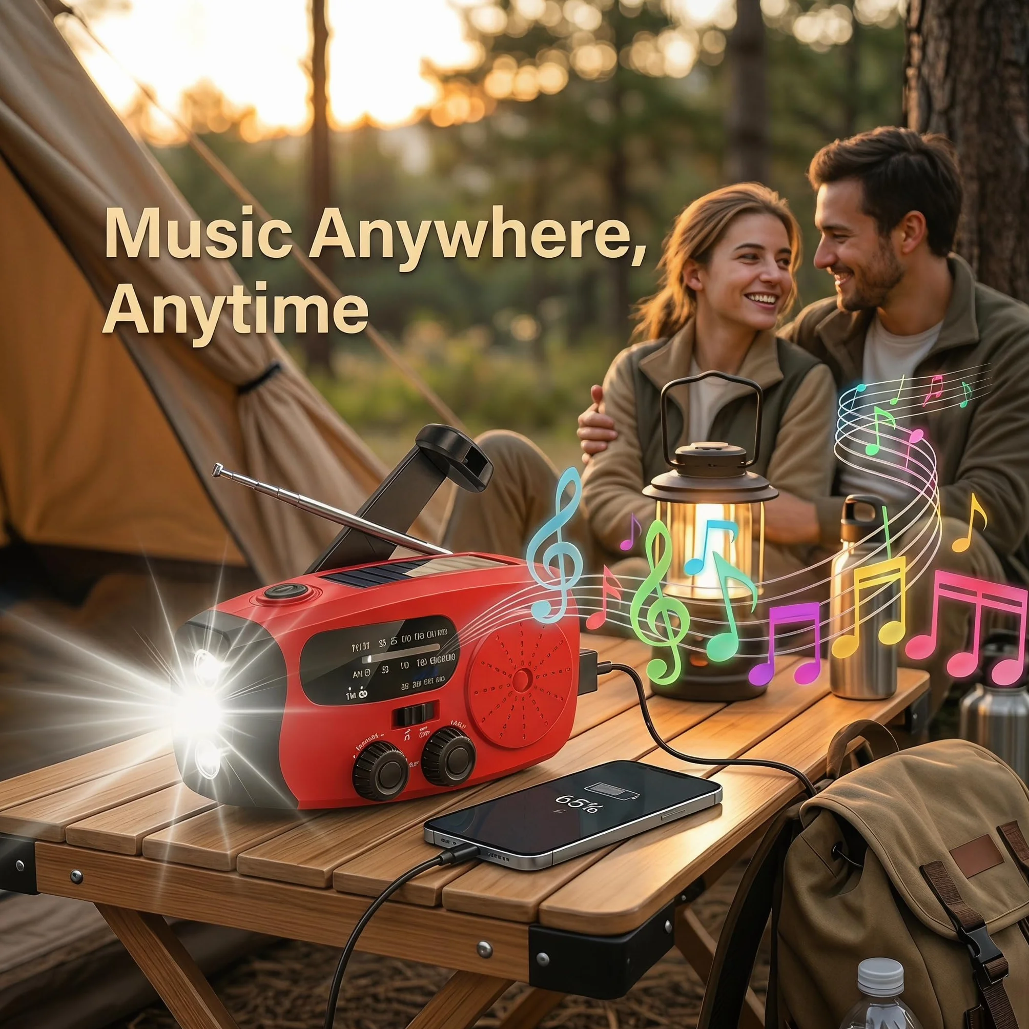 Radio Portátil de Emergencia Solar con Powerbank 2000mAh y Linterna LED, SOS-Alarm para Camping y Huracán