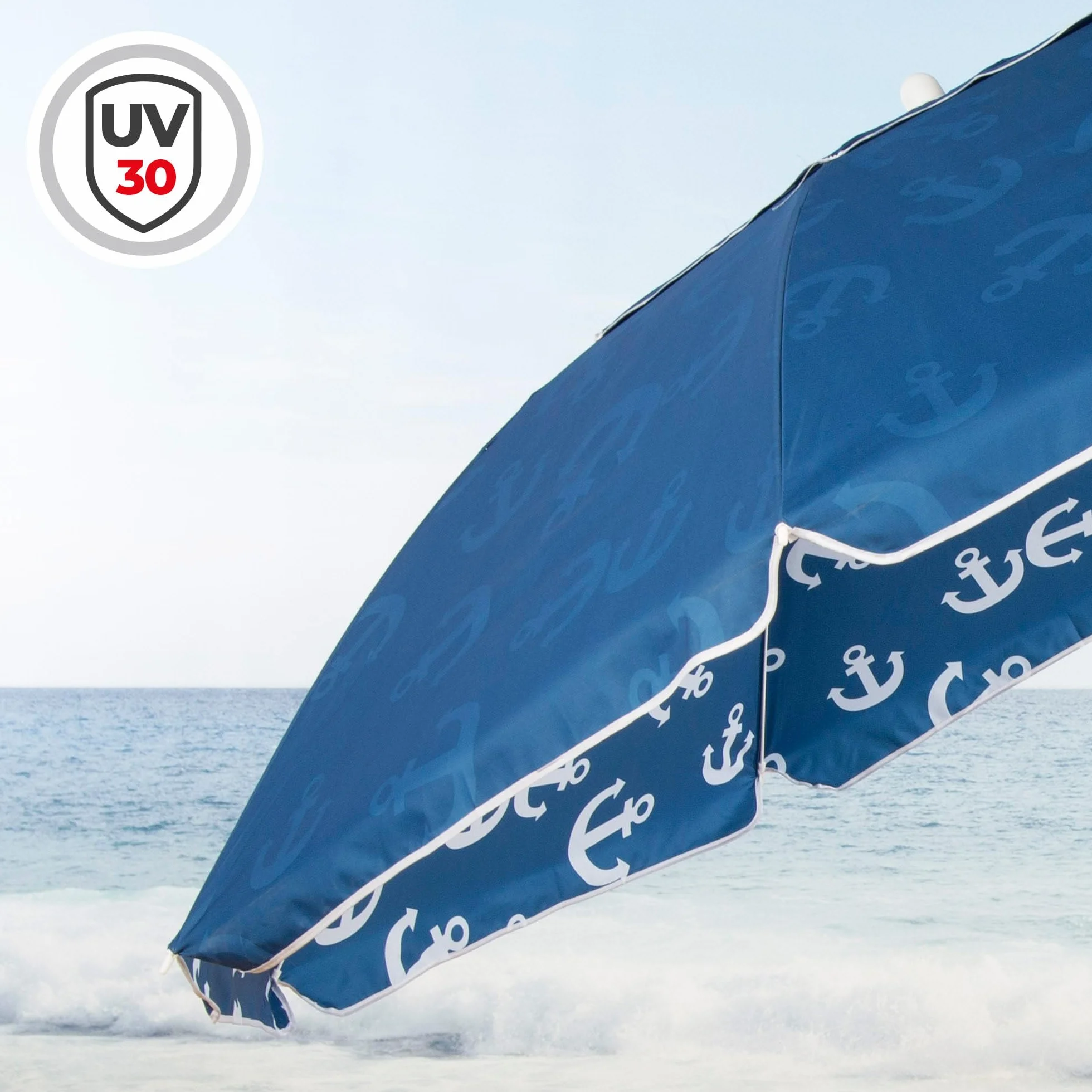 AKTIVE Sombrilla playa 220 cm azul estampado anclas mástil acero inclinable ventilación superior protección solar UV30 bolsa transporte