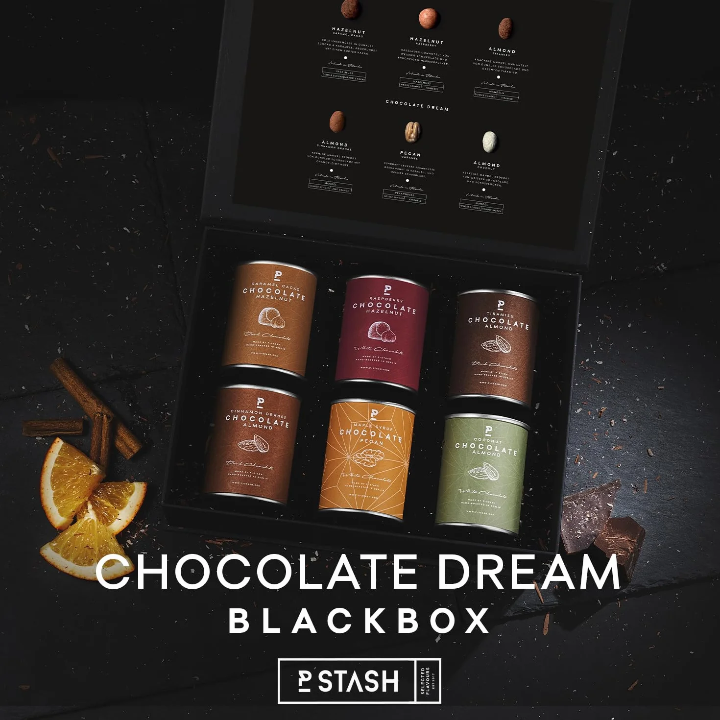 P-Stash Black Box Mix de Frutos Secos Chocolate Dream – Caja de 6 – Nueces pecanas, Avellanas & Almendras – Frutos secos con chocolate y especias únicas, tostados a mano en Berlín