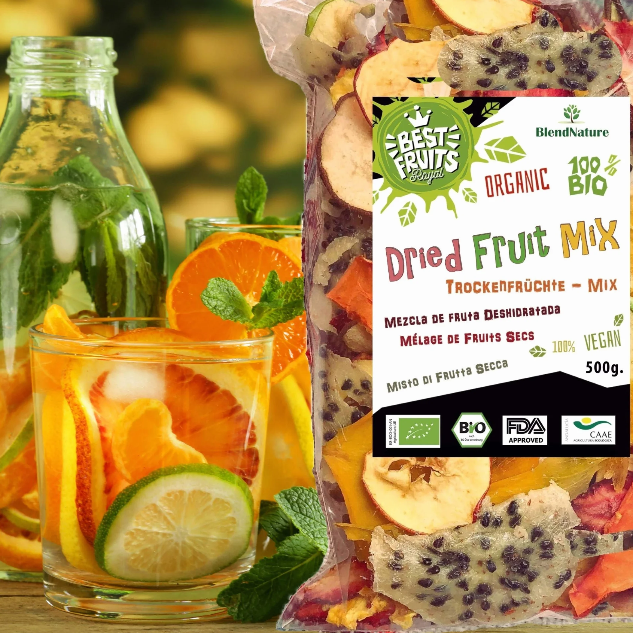 Fruta Deshidratada Sin Azucar Añadido - MIX 10 Mango Naranja Platano Manzana Pera Kaki Melocoton Piña Melon Arandanos 500g - 100% Natural – Ideal para Pasteles Cocteles o Snack – Sin Gluten