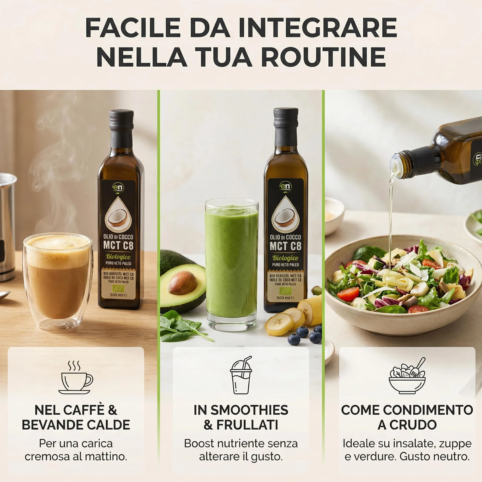 Exponatura Aceite MCT C8 Orgánico 500 ml - 100% Extracto de Aceite de Coco, Ácido Caprílico Puro - Energía Natural para Dieta Keto y Paleo - Vegano