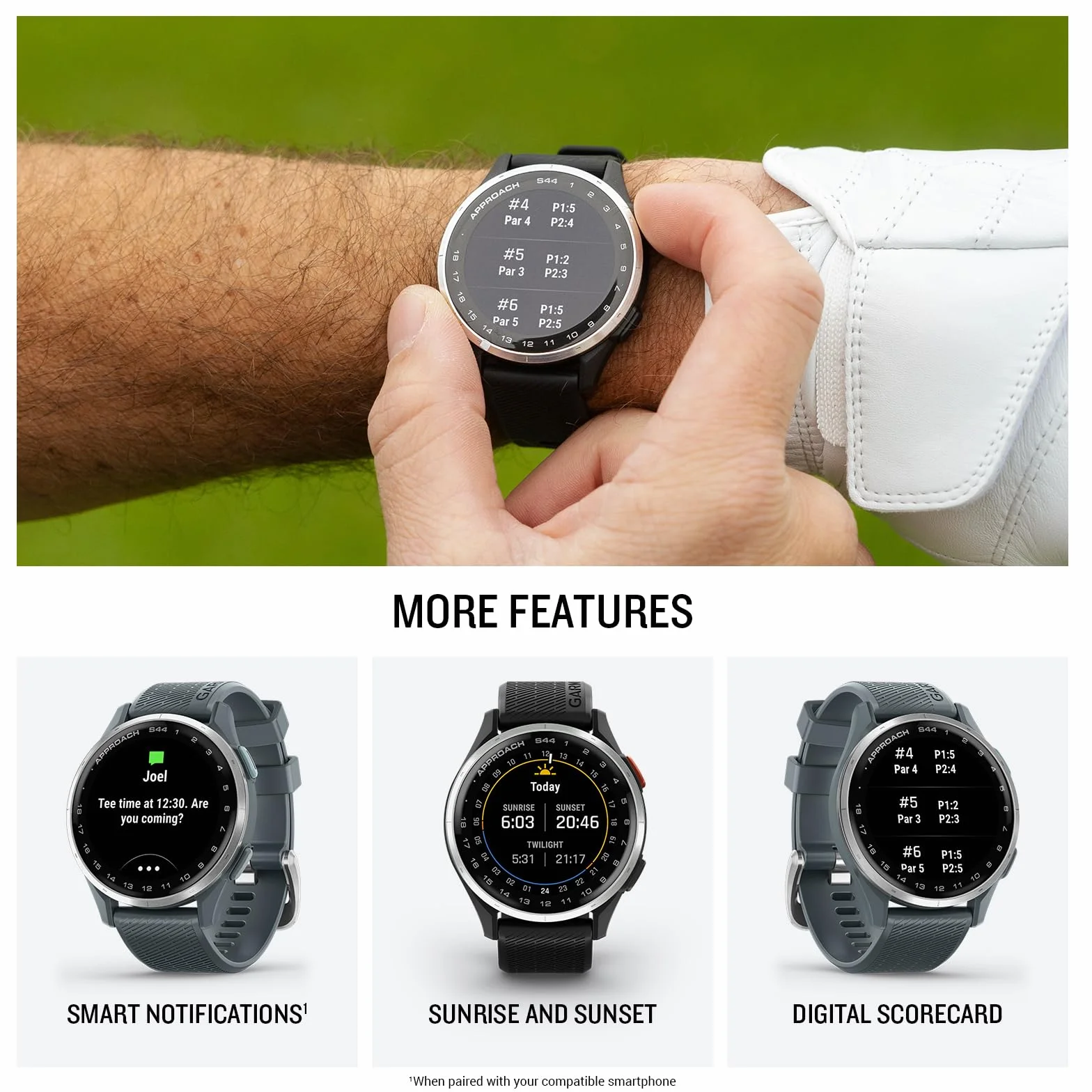Garmin Approach S44 Golf GPS Smartwatch AMOLED Plateado Bisel Aluminio Correa Silicona Negra