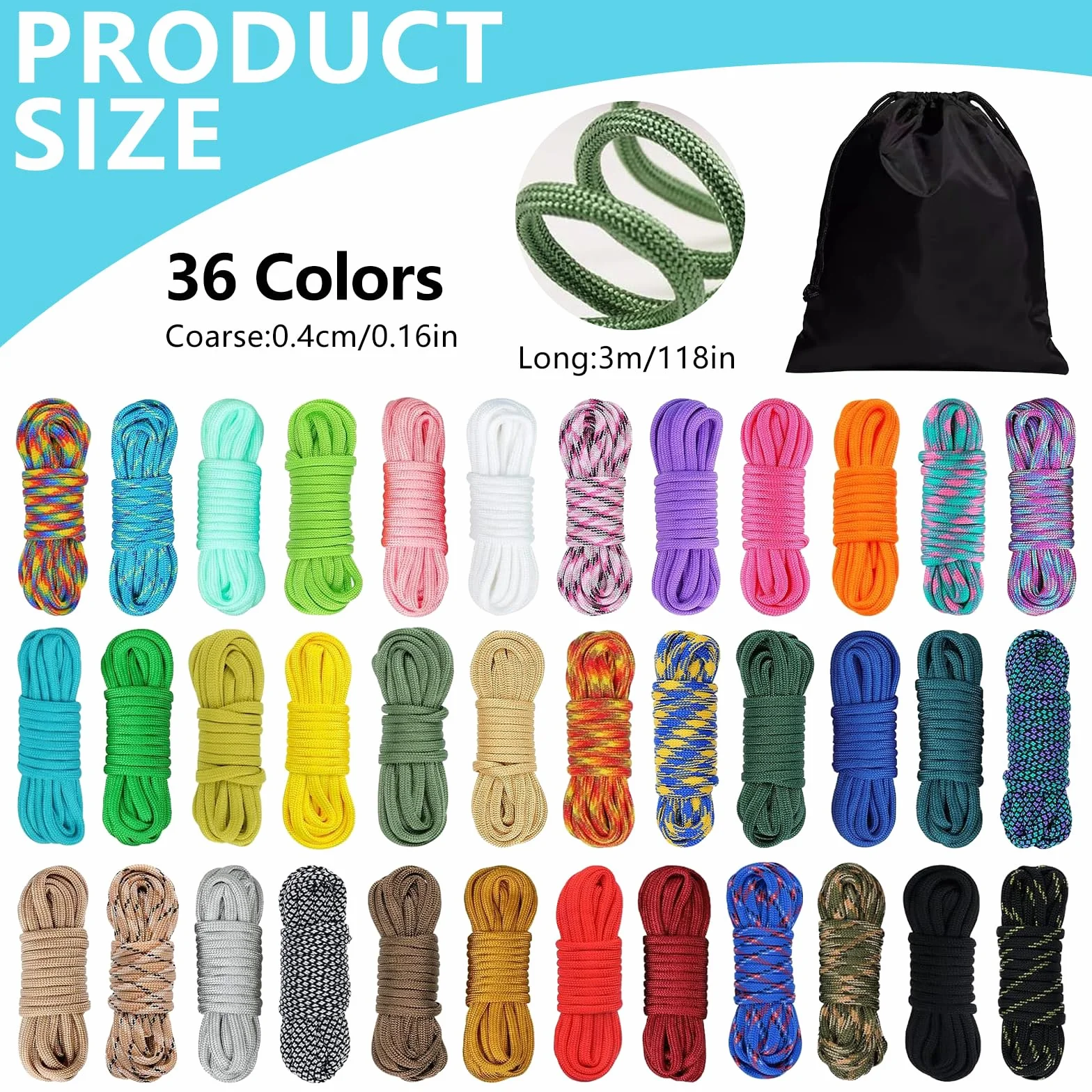 Kit de cuerda de paracaídas 550, 36 colores, 10 pies, 4 mm, nailon de 7 hebras, cuerda de supervivencia