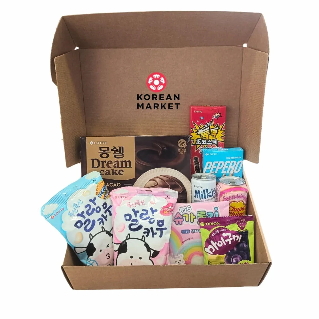 Korean Market | Caja Misteriosa de Dulces Coreanos | Un Regalo Dulce | 1 Caja Galletas Choco, 2 Refrescos, 2 Sticks Galleta y Choco, 2 Nubes de Caramelo, 2 Algodón de Azúcar y 2 Gominolas Coreanas
