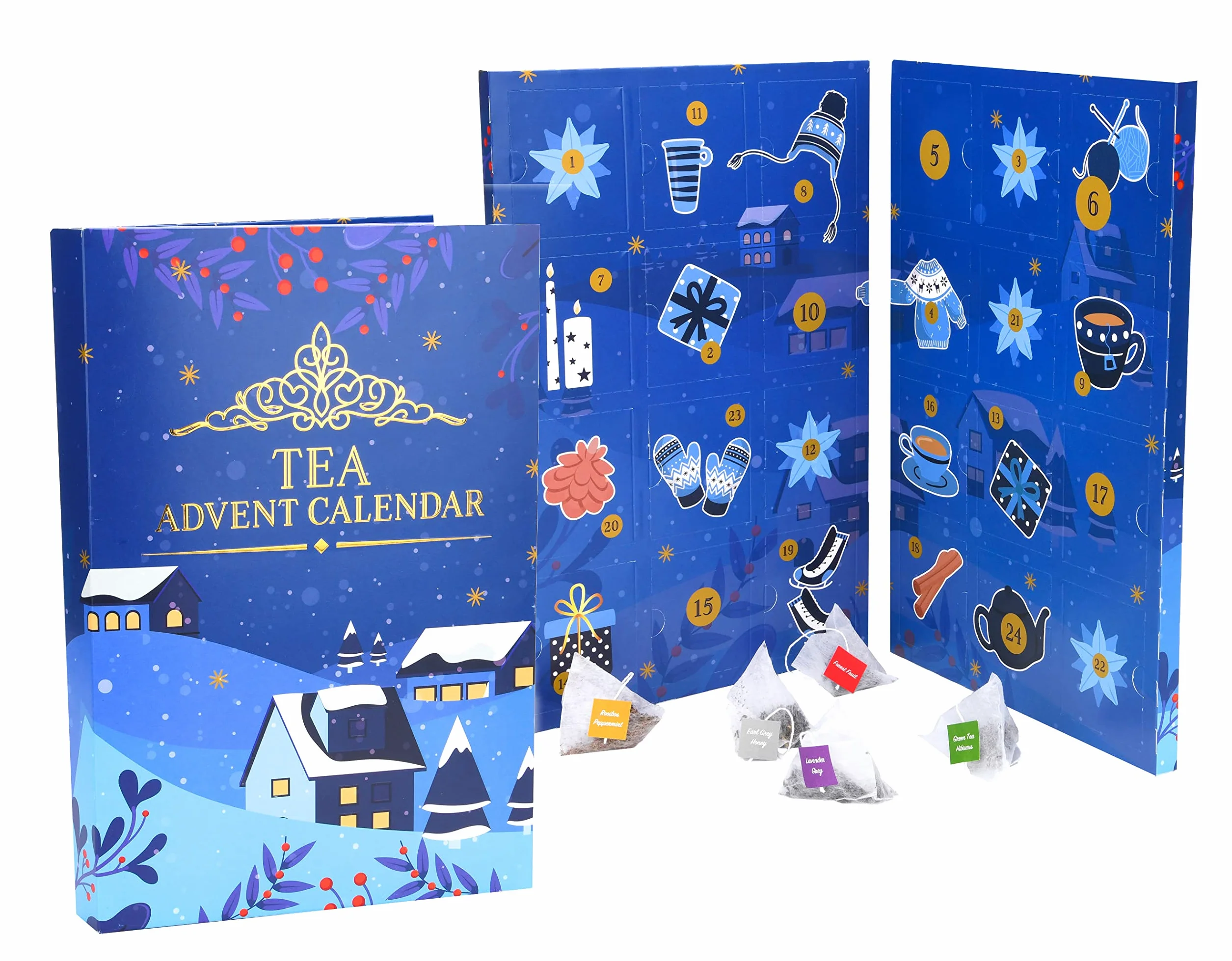 Calendario de Adviento grande, 35 x 24 cm en formato libro con diferentes tipos de té para la época navideña. Decoración de Adviento y Navidad, set de prueba