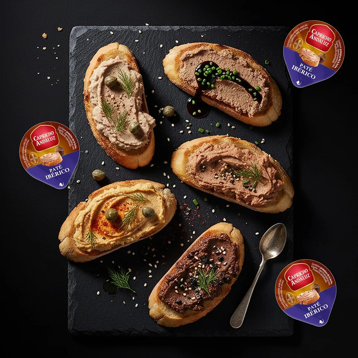 Capricho Andaluz - Caja Paté Ibérico 60 Unidades en Monodosis de 25 gr, Untable para tus Desayunos y Meriendas con un Envasado Práctico y Cómodo para Llevar