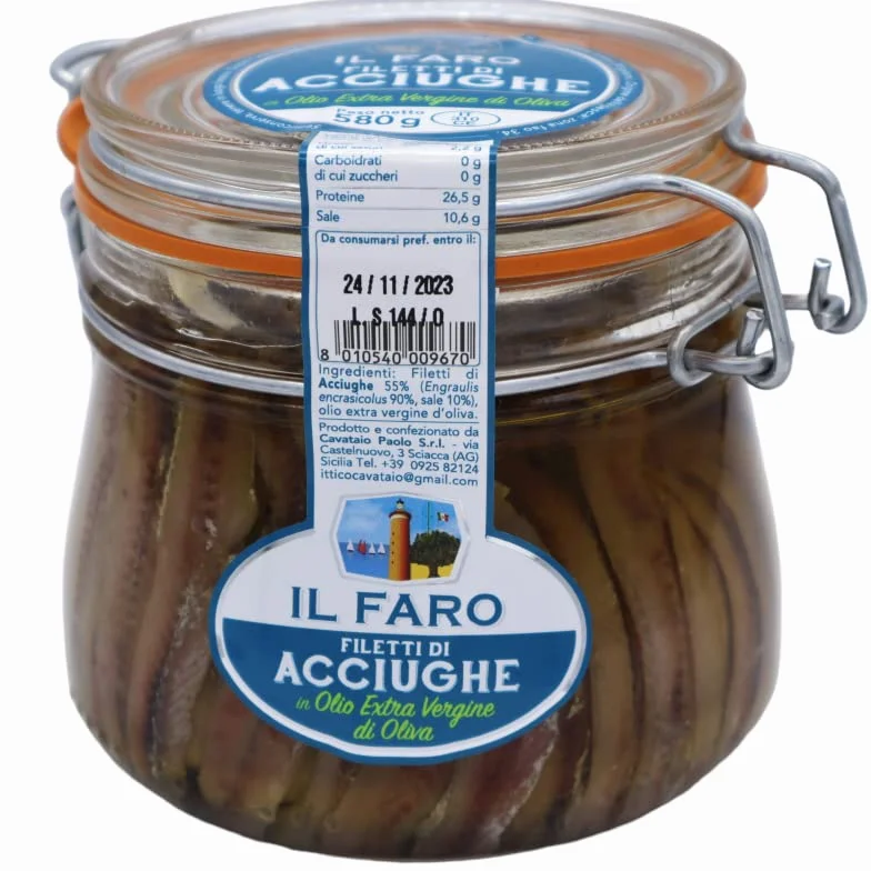 IL FARO Filetes de anchoas Finas de Sicilia en Aceite de Oliva Virgen Extra 580 g