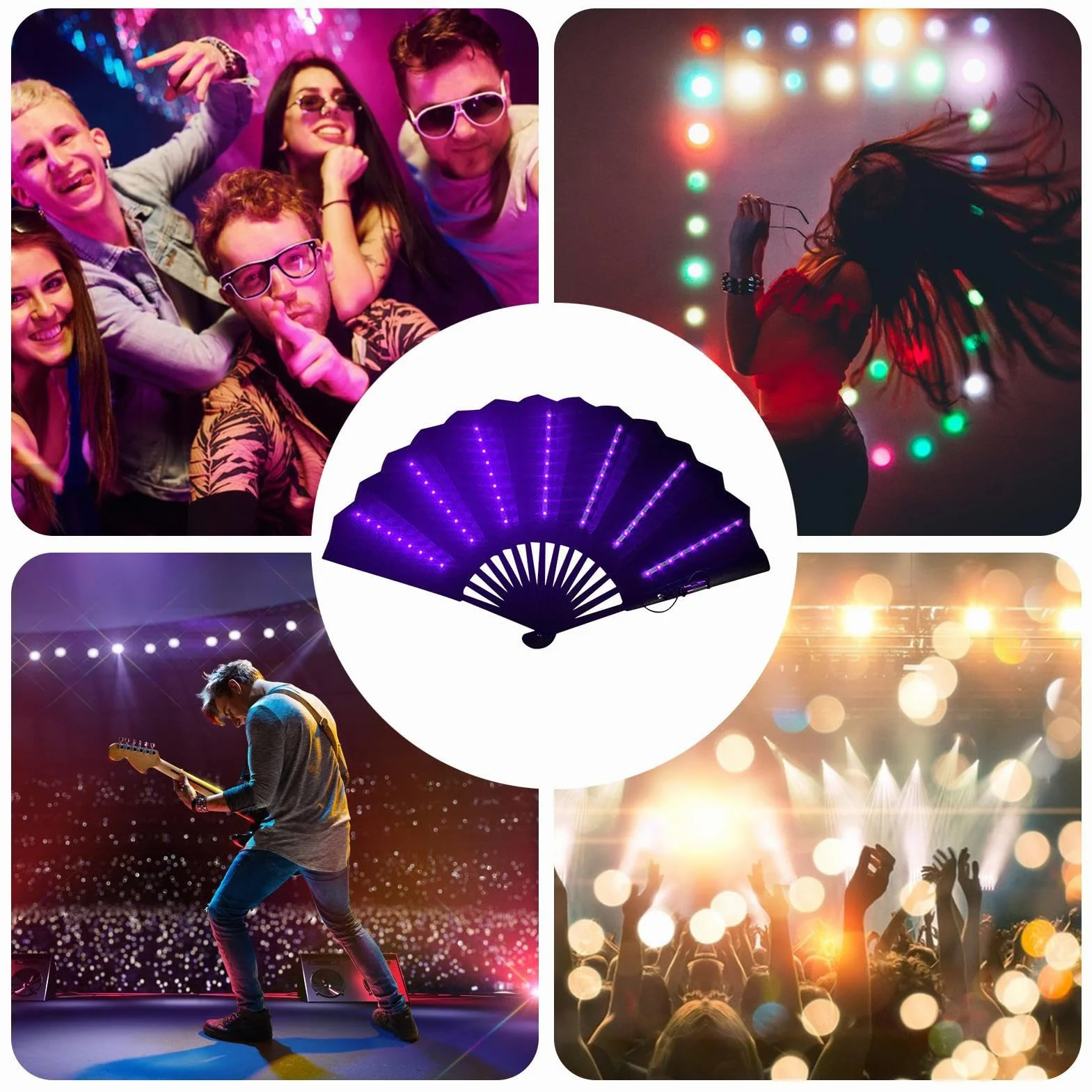 Ventilador de mano plegable LED portátil con luz, ventilador a pilas para festivales (morado)