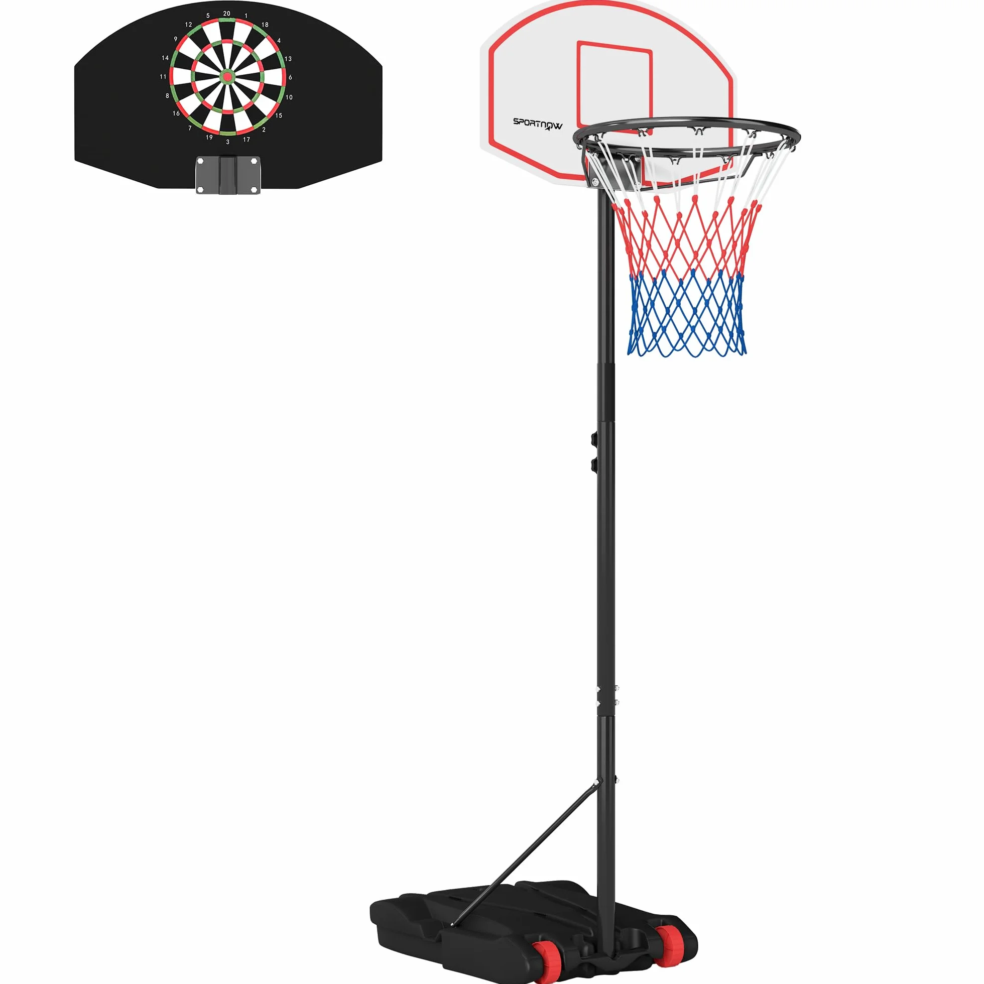 SPORTNOW Canasta de Baloncesto Exterior Tablero Dardos Altura Ajustable 210-247 cm Aro Portátil Ruedas Base Rellenable Negro