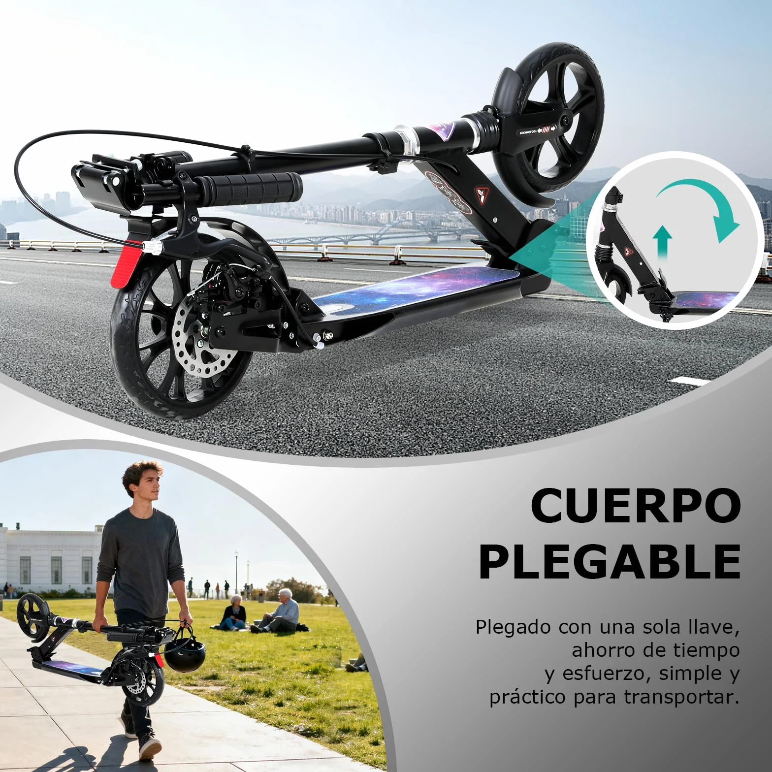 ISE Patinete Scooter Plegable Adulto Niño Manillar Ajustable 93-107cm Ruedas 200mm Freno de Mano Máx 100kg