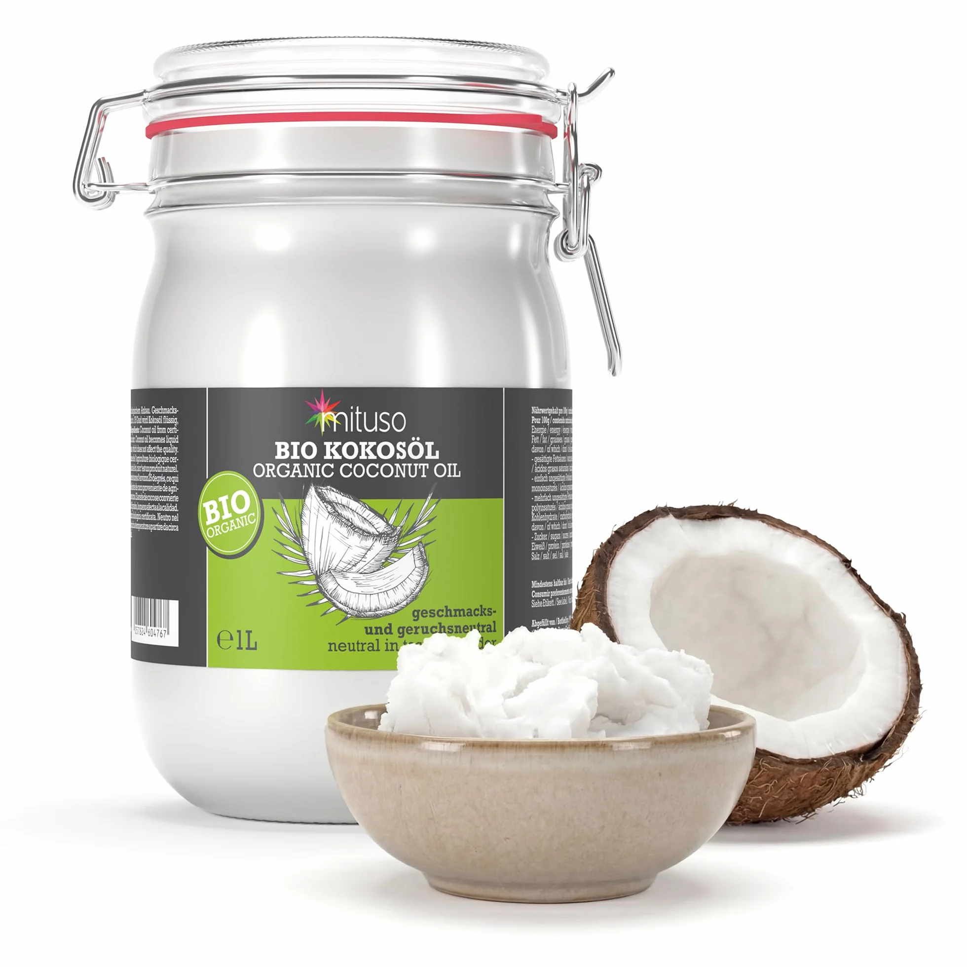 mituso - Aceite de coco orgánico mituso, insípido (desodorizado), 1 paquete (1 x 1000 ml) en un vaso con clip