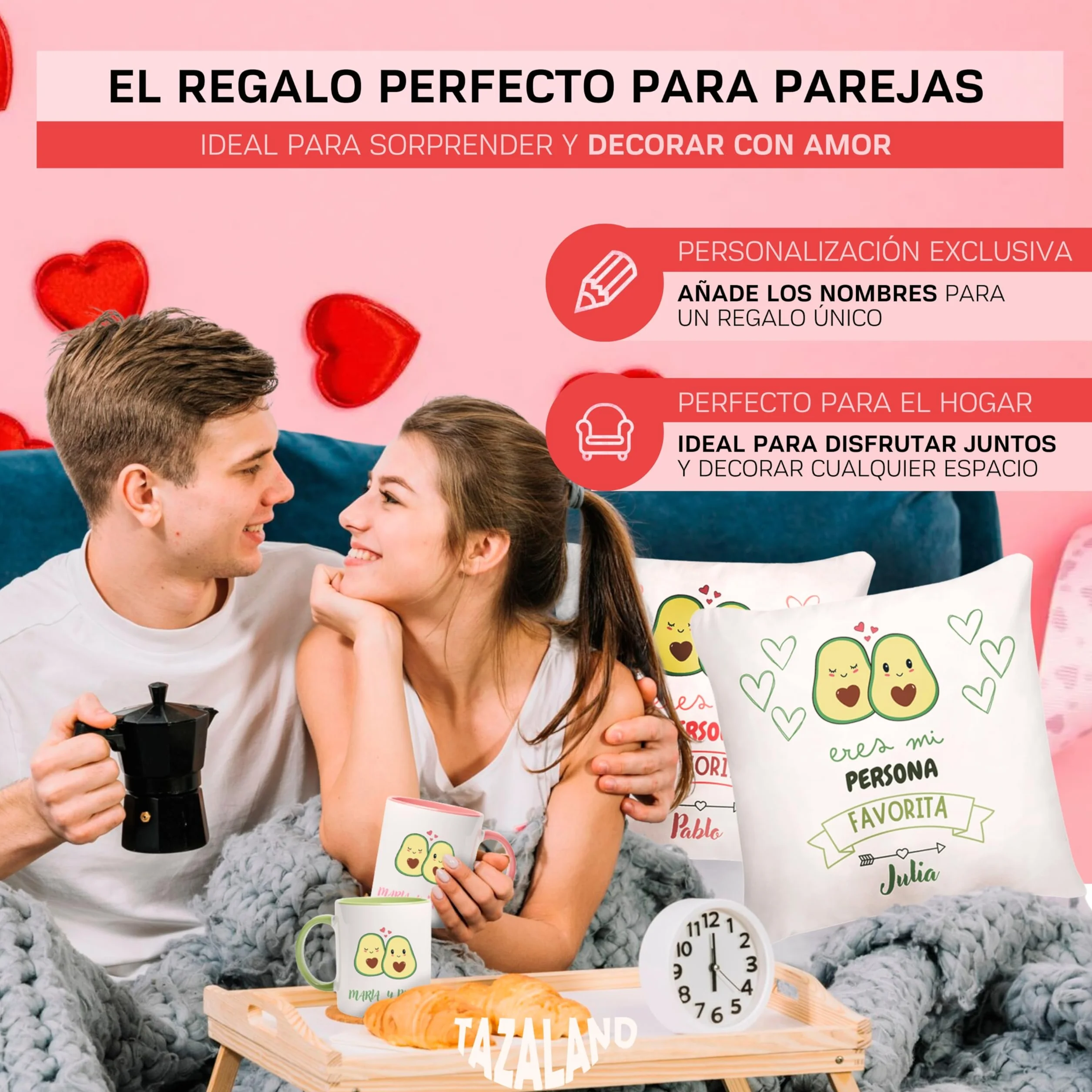 Regalo Personalizado San Valentín | Pack 2 Tazas y 2 Cojines - Aguacates | Regalos Originales Mujer Hombre | Regalos para Parejas, Novia, Novio | Detalles Románticos