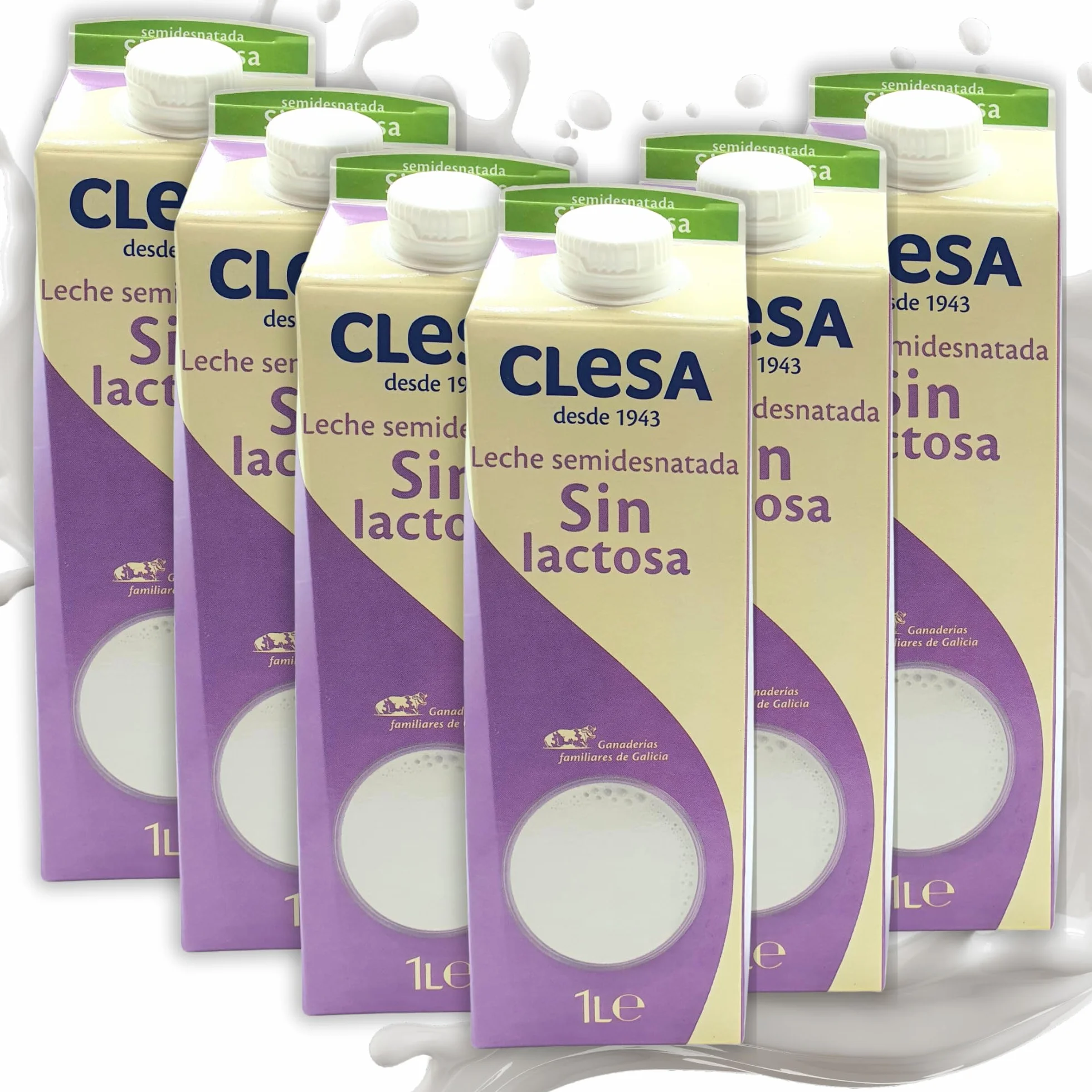 Leche Clesa SIN LACTOSA Semi Desnatada - 6 Bricks de 1 Litro - 100% Leche Gallega - Tapon Anti Goteo - 6 Litros Leche Sin Lactosa [CLESA]