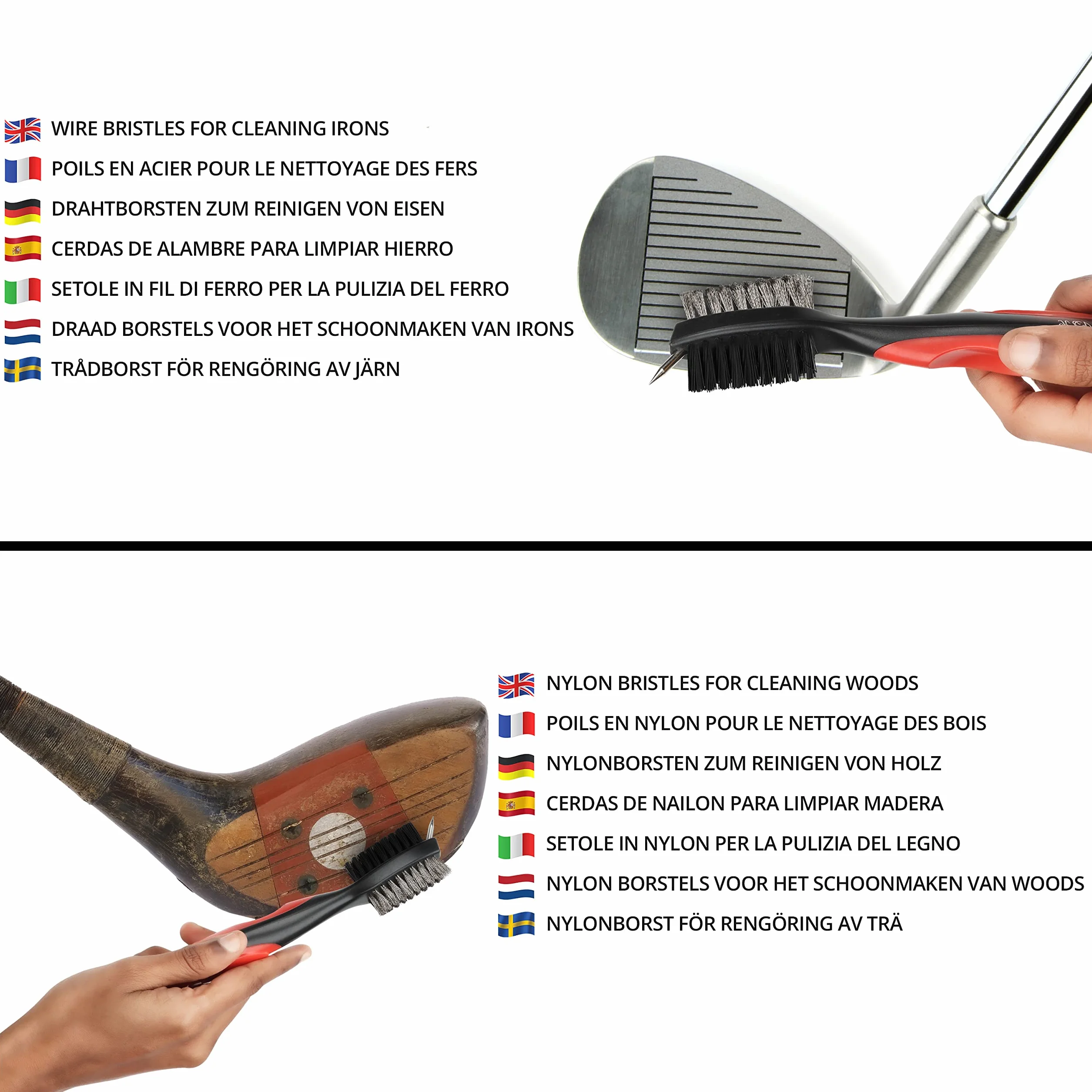 K&V Golf Cepillo Limpiar Palos de Golf y Hoyuelos - Cepillo de Dos Lados Nailon y Acero con Clip