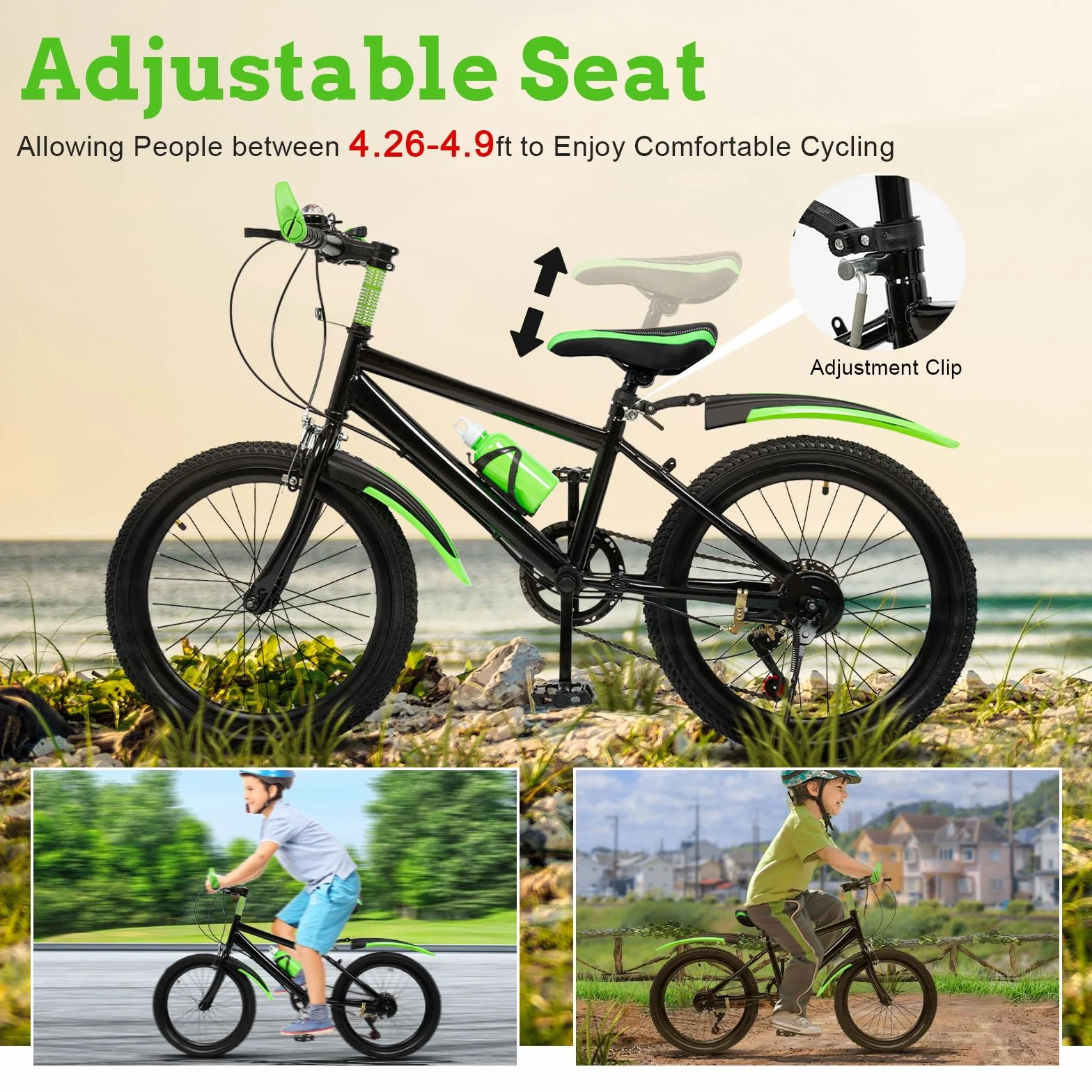 Bicicleta de montaña de 20 pulgadas, 6 velocidades, bicicleta de montaña para niños y niñas, bicicleta de montaña con campana de brújula y soporte para vaso de agua, bicicleta juvenil con