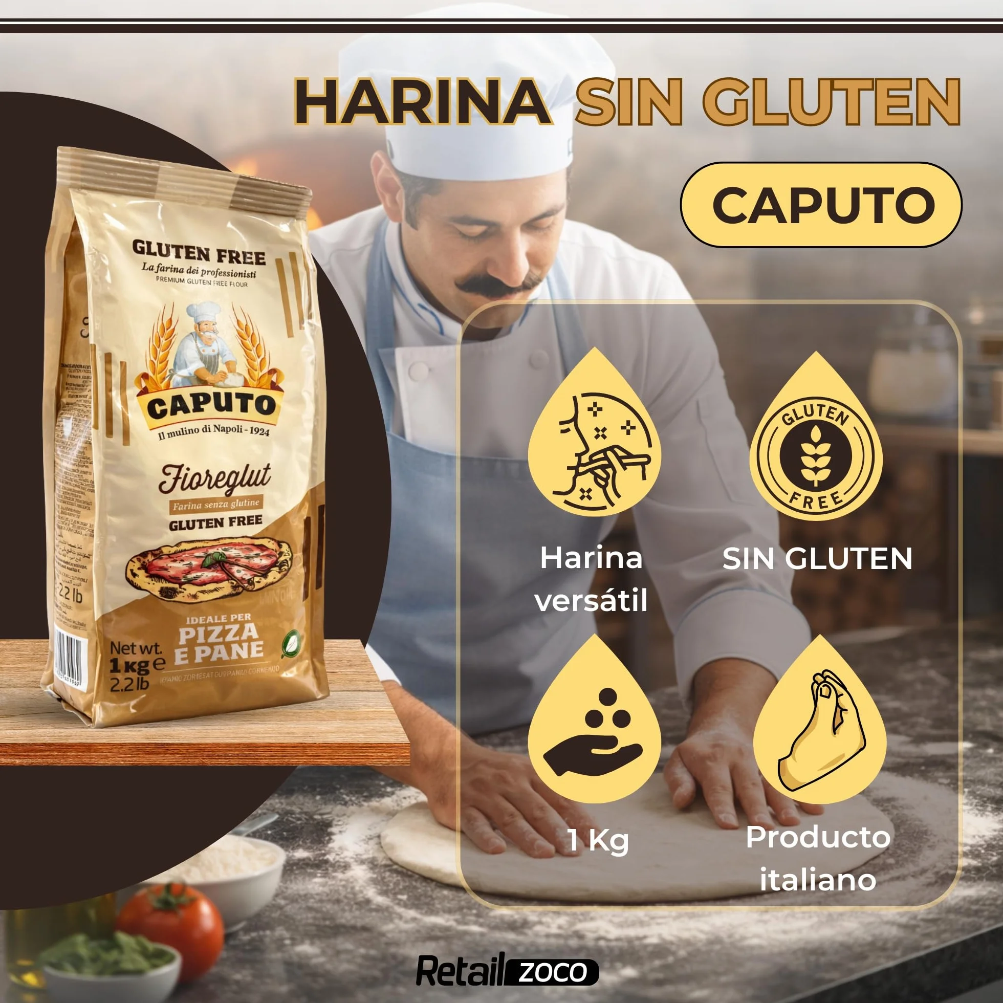 Harina Sin Gluten FioreGlut Caputo, Origen Italiana, ideal para una buena pizza o de un pan aromático, Sin Gluten, Sin Lactosa, Sin Huevos, Proteina 1%, Contiene 1 unidad de 1 Kg