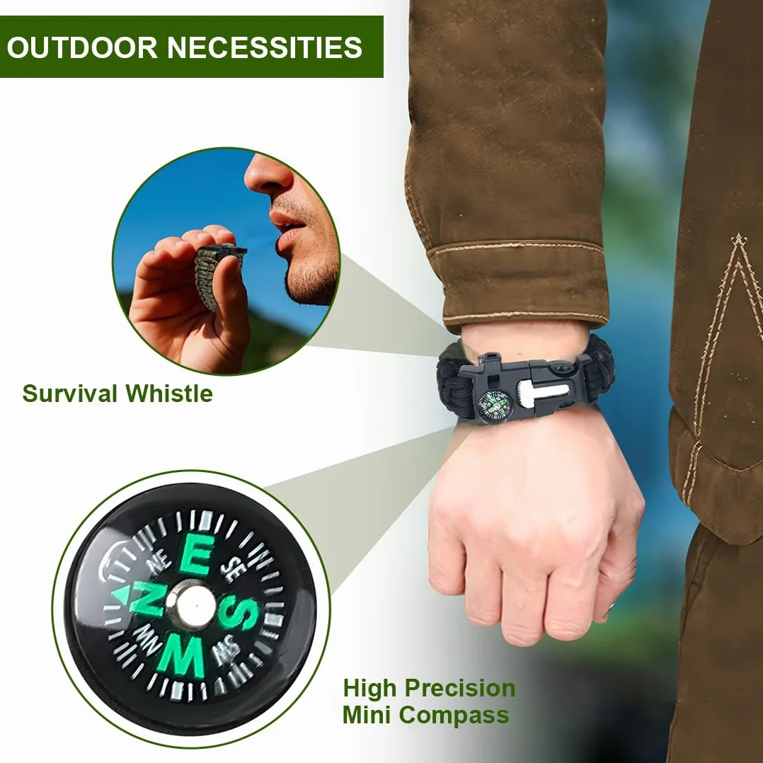 Brazalete Paracord Kit Supervivencia 2PCS Pulsera Paracord Iniciador Fuego Cuchillo Silbato Camuflaje