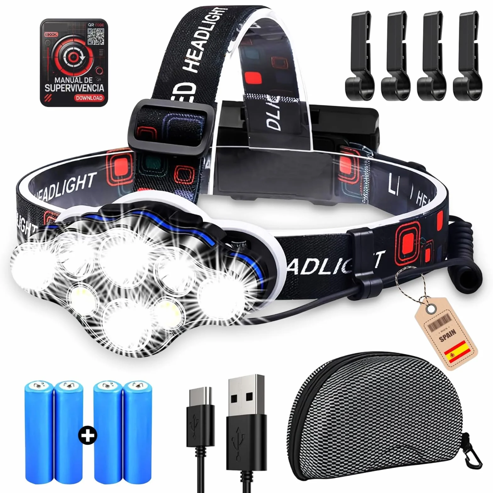 Linterna Frontal LED Recargable 18000 Lúmens IP44 Impermeable 8 Modos Luz Roja Trasera Ángulo Ajustable 90°