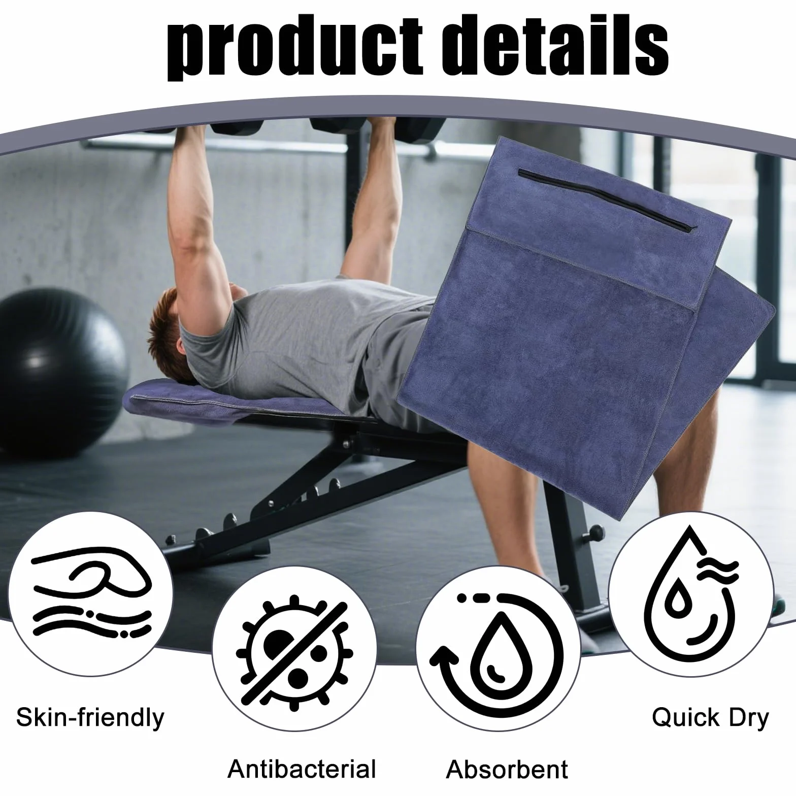 Baieye Toalla de fitness 120x50CM microfibra absorbente con bolsillo cremallera oculta