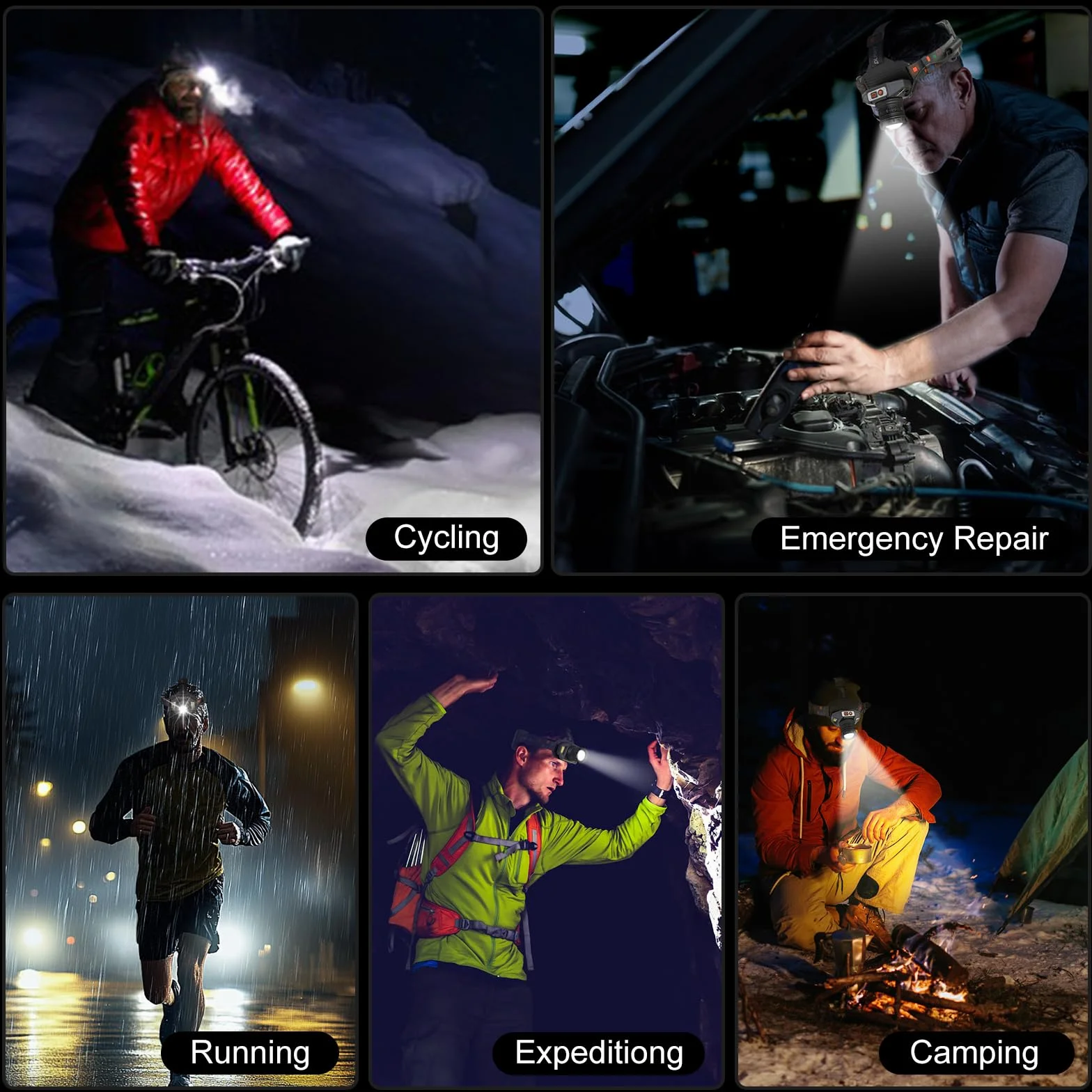 Linterna Frontal Súper Brillante IPX4 Impermeable 9 Modos Luz Ajustable 90° para Camping Ciclismo Pesca