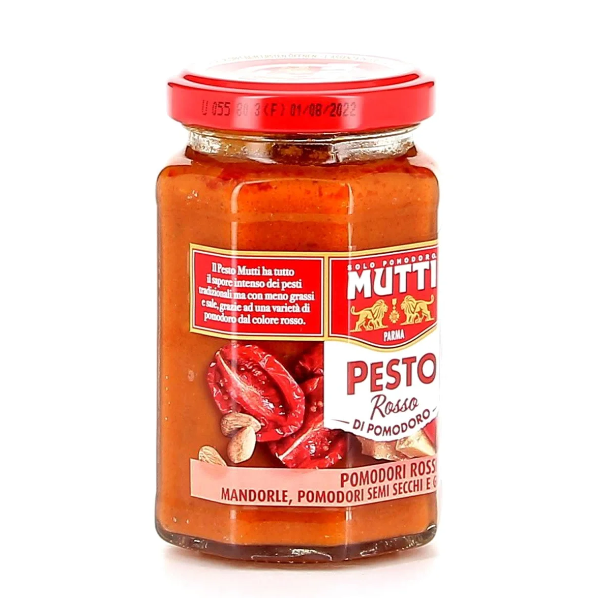 24 x Mutti Pesto Rosso Pomodori Rossi Pesto de tomate rojo Pasta Salsa 100% Tomate Italiano Vaso 180 g Salsas de especias con almendras, tomates, semillas secas y Grana Padano