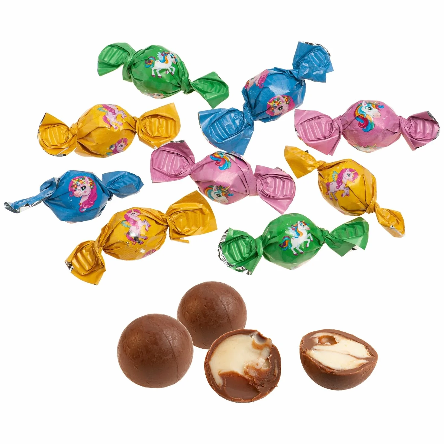 Dekora - Pack Bombones de Chocolate Rellenos de Crema de Leche y Diseño Unicornio Tesia 100g, Ideal para Fiestas Infantiles y Cumpleaños. Divertidos y deliciosos