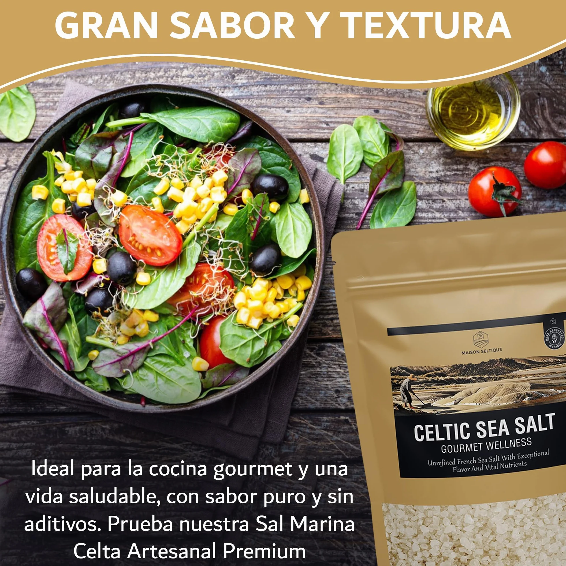Maison Seltique Celtic Sea Salt, 100% Natural, Sal Celta Cosechada a mano, Artesanal - Pura y Sin Refinar | Sal Marina sin aditivos| Bolsa Resellable | Ideal para Cocina Gourmet y Saludable (500gr)