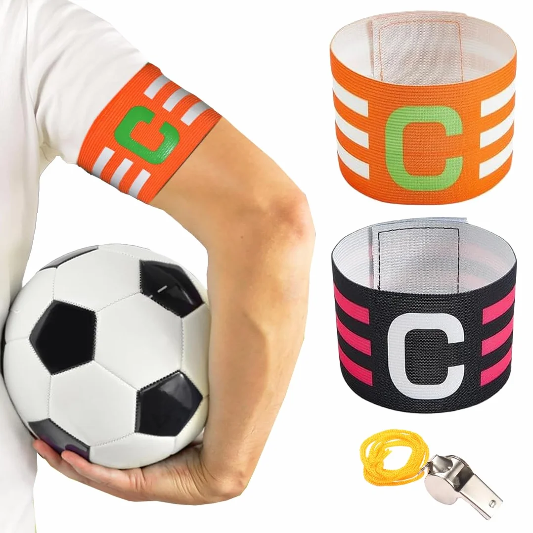 Brazalete de capitán de fútbol deportivo elástico con cierre para adultos y silbato (negro, naranja)