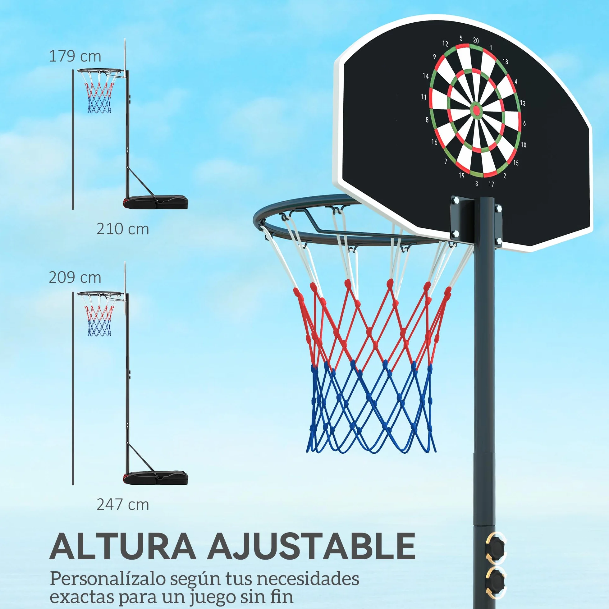 SPORTNOW Canasta de Baloncesto Exterior Tablero Dardos Altura Ajustable 210-247 cm Aro Portátil Ruedas Base Rellenable Negro