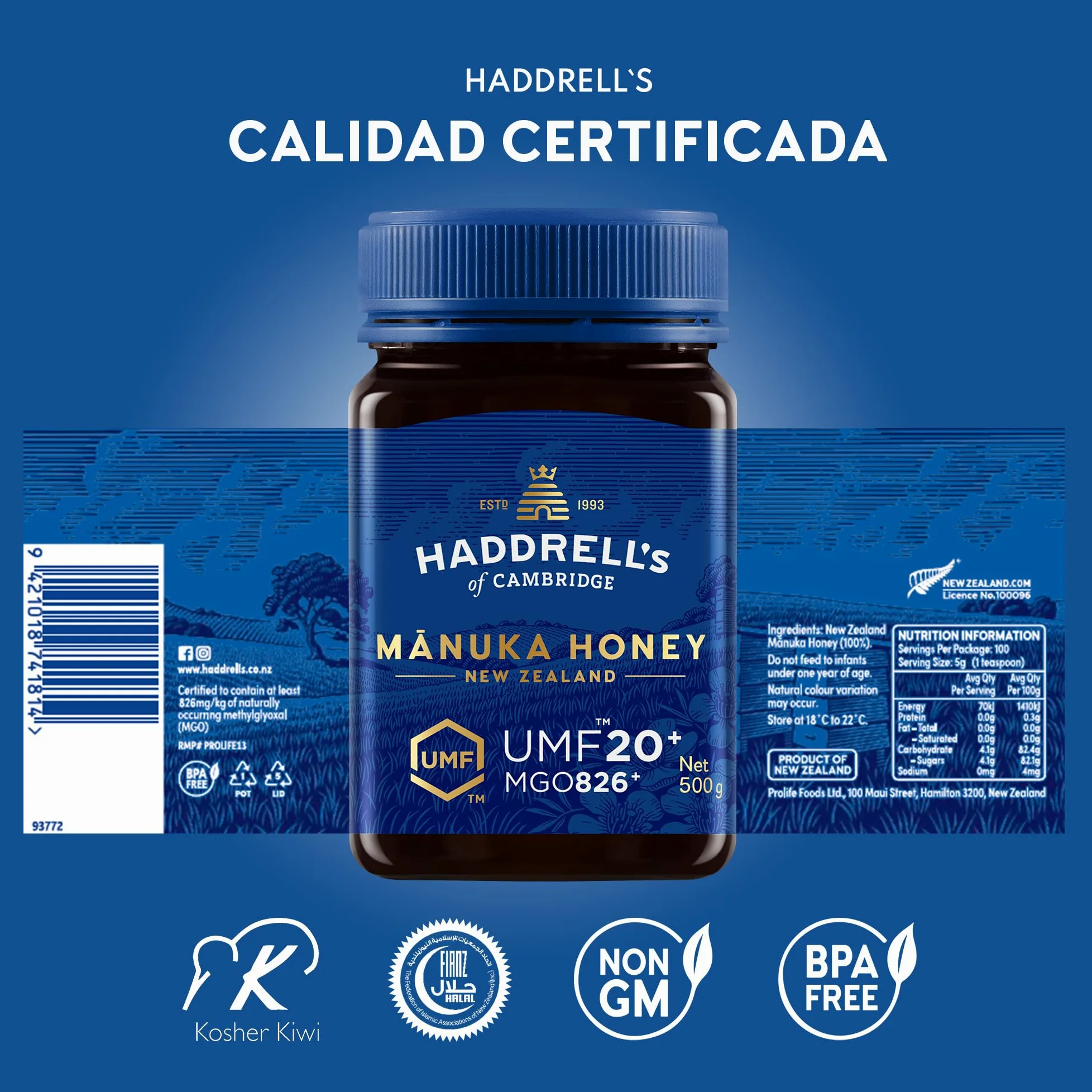 Haddrells of Cambridge Miel de Manuka MGO 800+ (UMF 20+) 500g - Miel certificada de Nueva Zelanda - Rica en metilglioxal - Sostenible, cruda y con un alto contenido en MGO