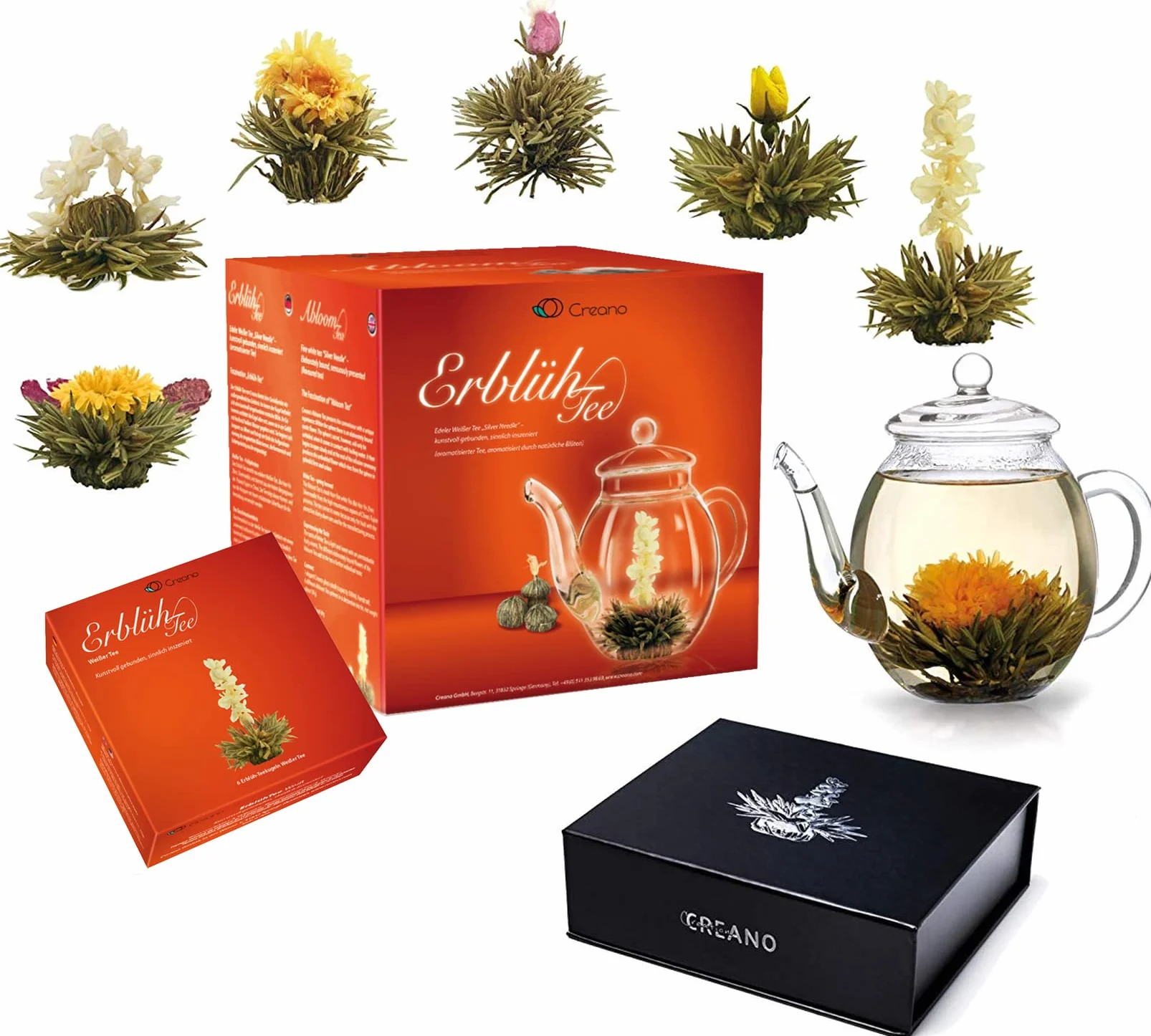 Creano Set Flores de Té Blanco 12 uds Tetera 500ml Antigoteo Cofre Magnético Regalo Mujer Mamá