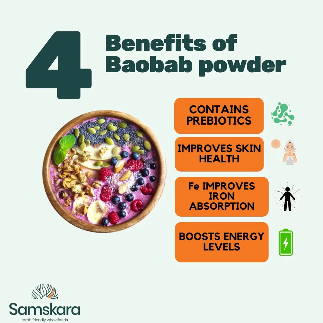 Baobab en Polvo BIO Ecologico | Calidad A+ 100% pura cruda, fuente de Vit C, Calcio, Colageno natural | SAMSKARA | Organic Baobab Powder (500gr x 1 pack) - Envasado en 2025 Frescura garantizada