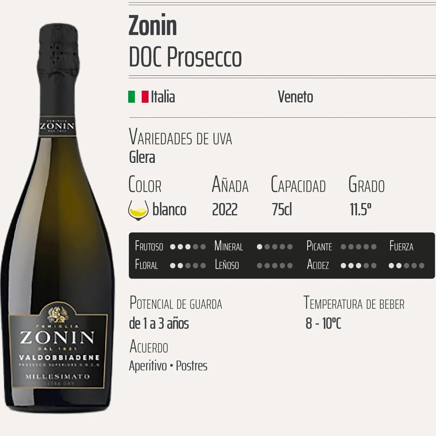 Prosecco Millesimato Brut blanco 2022 - Zonin - DOC - Veneto - Italia - Variedades de uva Glera - 6x75cl