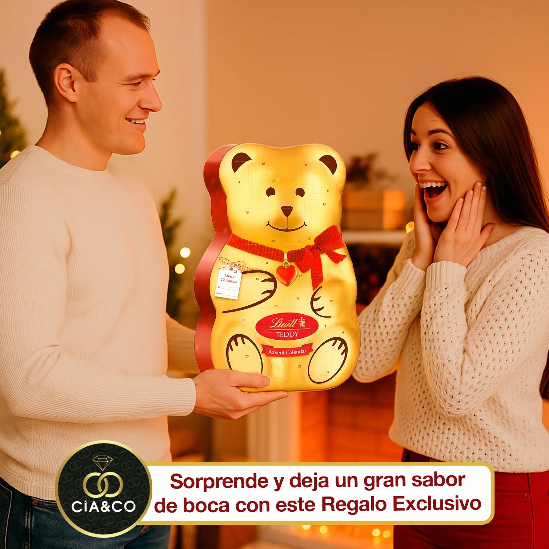 Gran Calendario de Adviento OSO TEDDY 2025 · Gran Formato 310 g · Incluye Tarjeta Personalizada Navidad Cia&Co · Surtido de Bombones y Figuras de Chocolate con Leche · Regalo Premium
