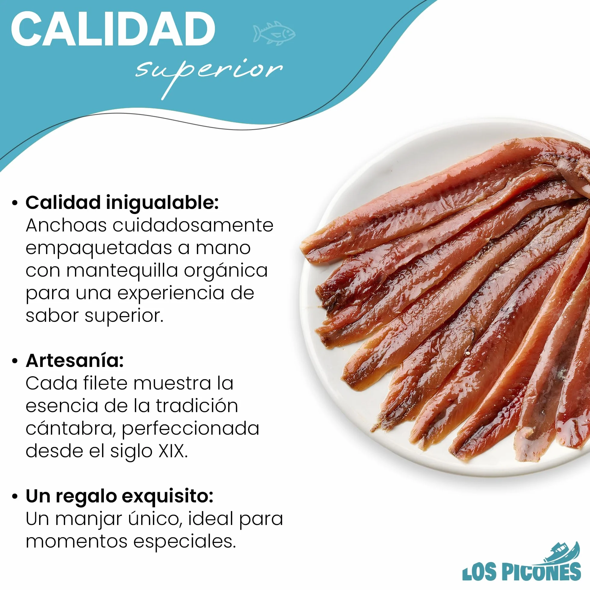 Anchoas Revilla® Anchoas de Santoña en Mantequilla Ecológica I Pack 5 Octavillas (50gr./8-10 lomos) (250gr./40-50 lomos) Anchoas del Cantábrico Gourmet I Conservas y Salazones Gourmet.